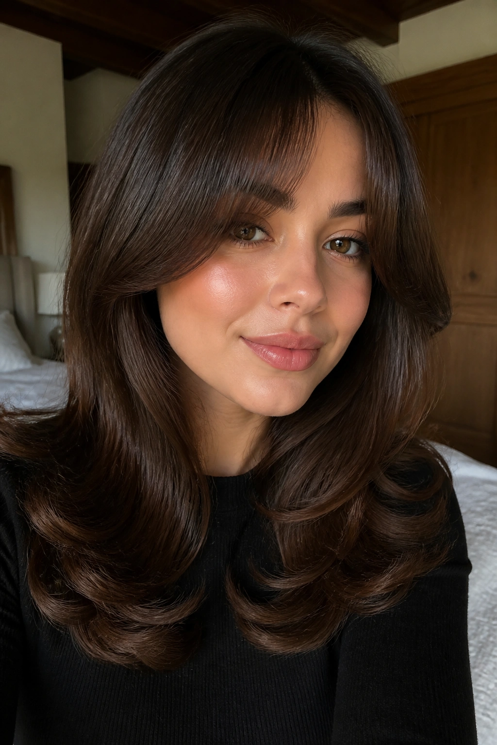Close-up of a real woman with curtain bangs and a glossy blowout framing her face