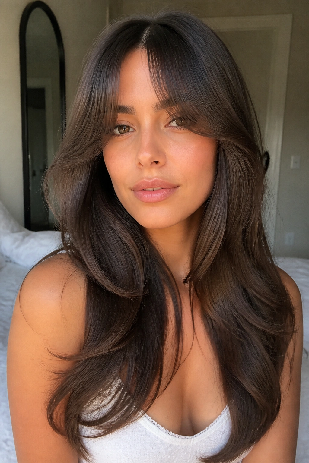 Close-up of a real woman with curtain bangs and long blowout hairstyle