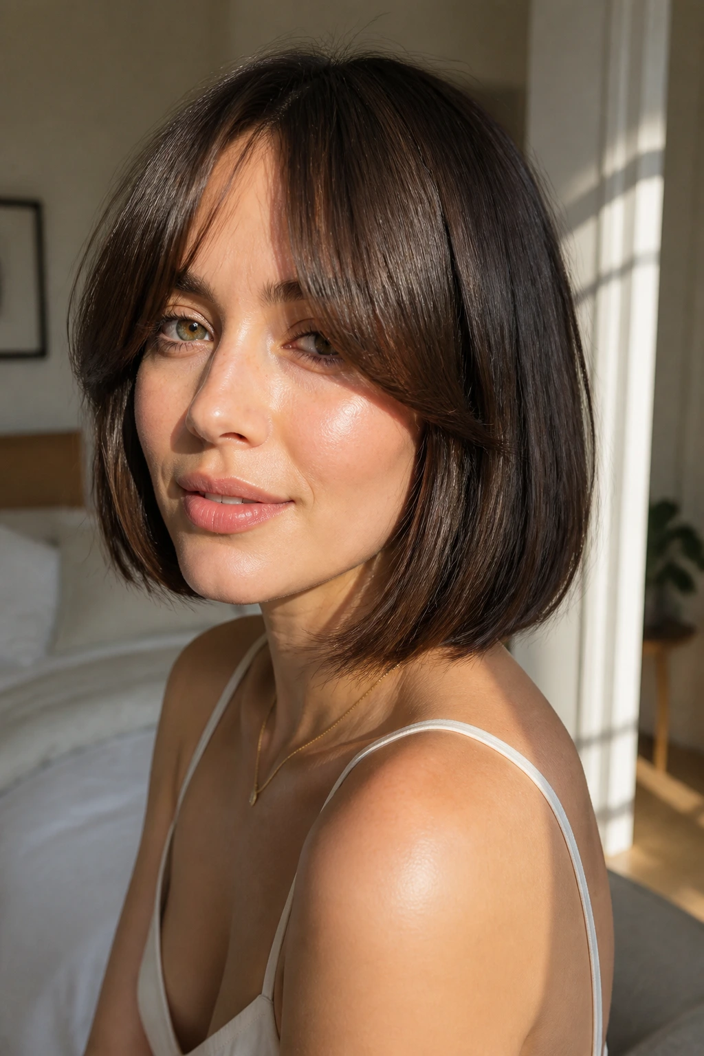 Close-up of a real woman wearing curtain bangs with a blunt bob under natural window light