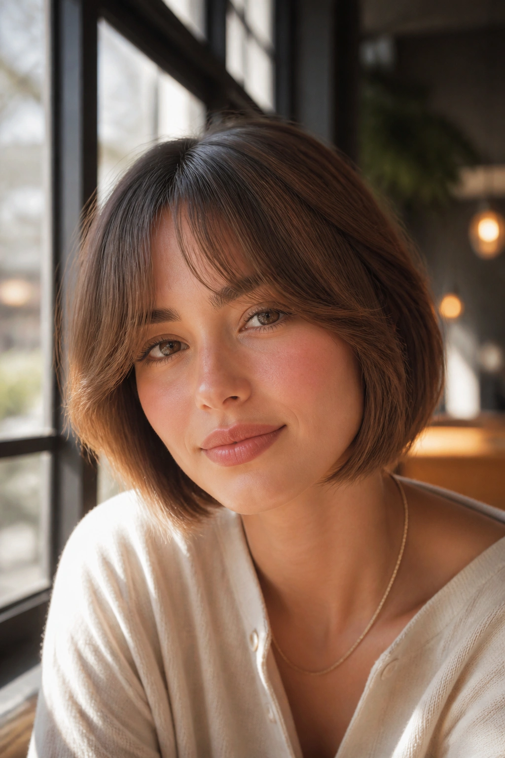 Portrait of a woman with a bob and curtain bangs in cafe light