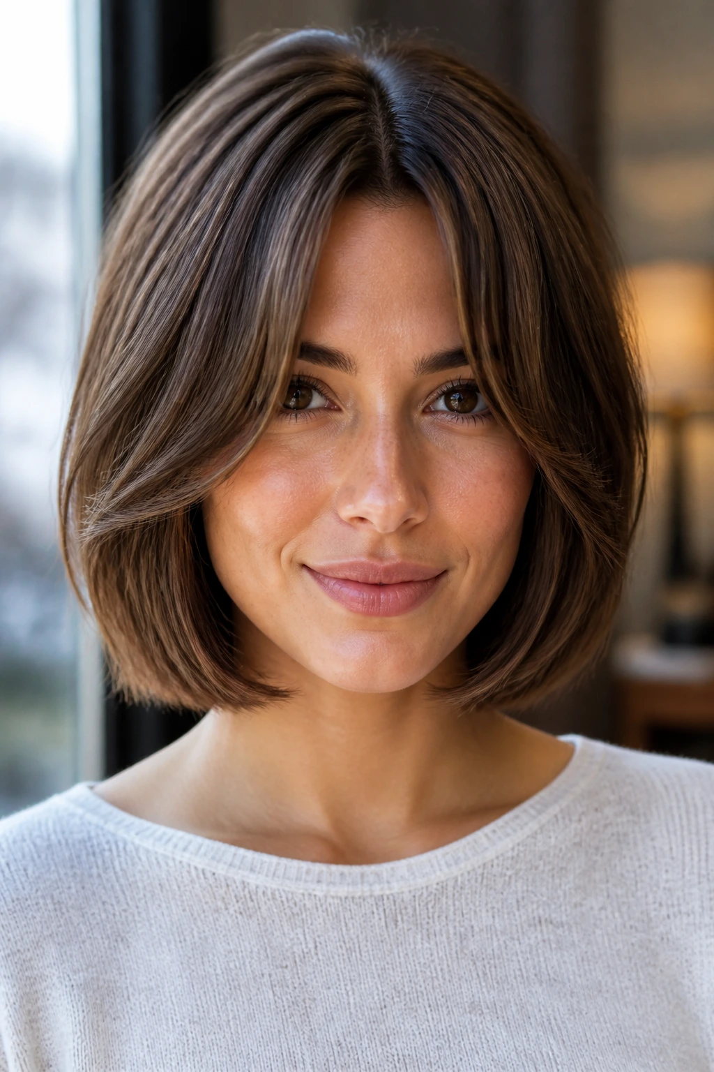 Real woman with curtain bangs and a face-framing bob in a warm indoor setting.
