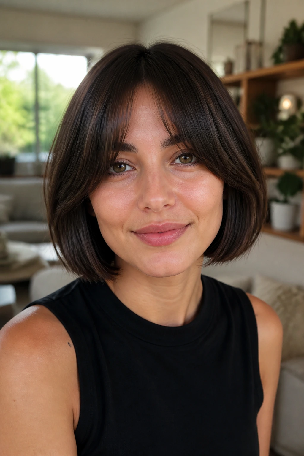Bob with curtain bangs and straight ends on a real person, frontal shot showing centered bangs.