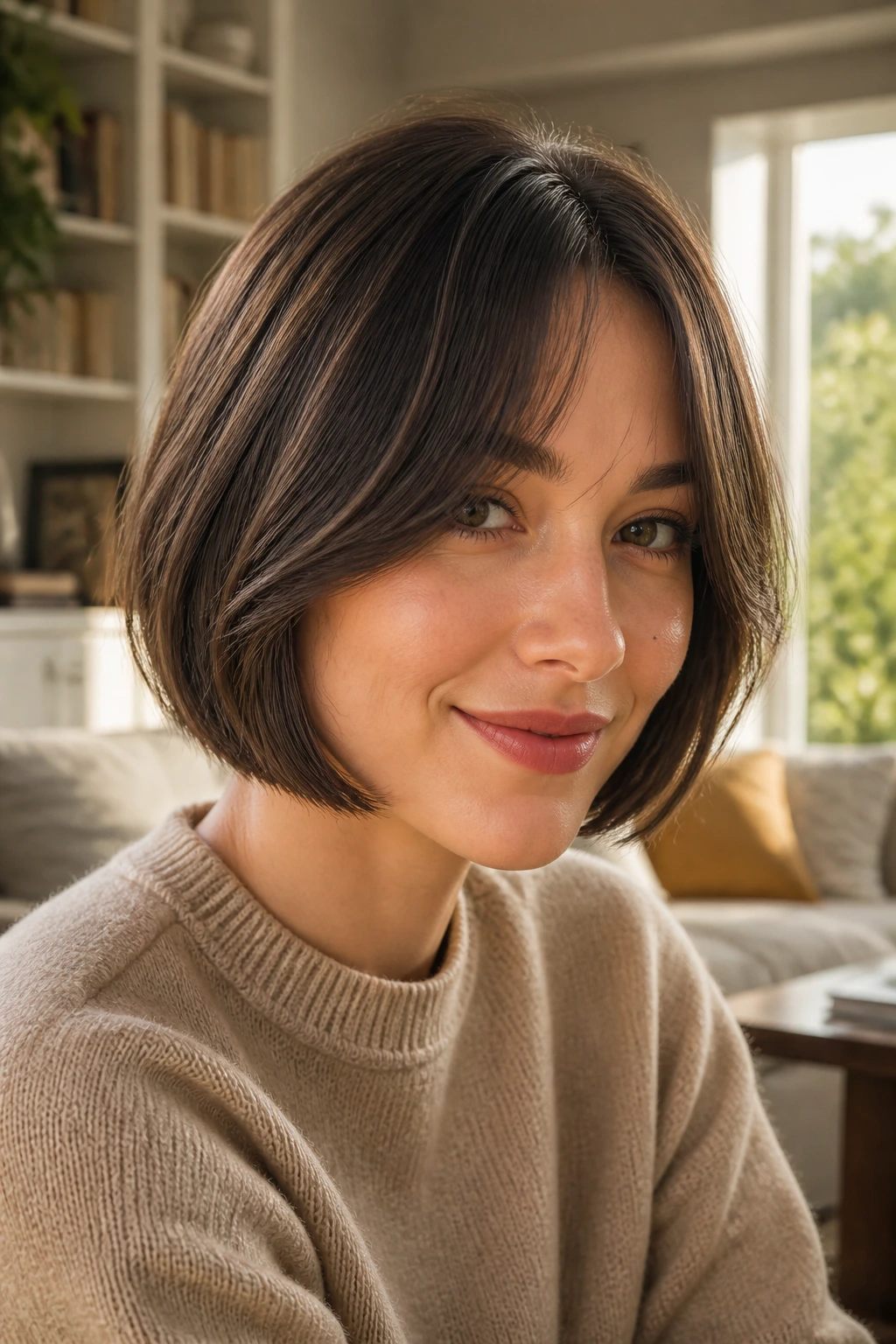 Portrait of a real person wearing a bob with curtain bangs framing the face.