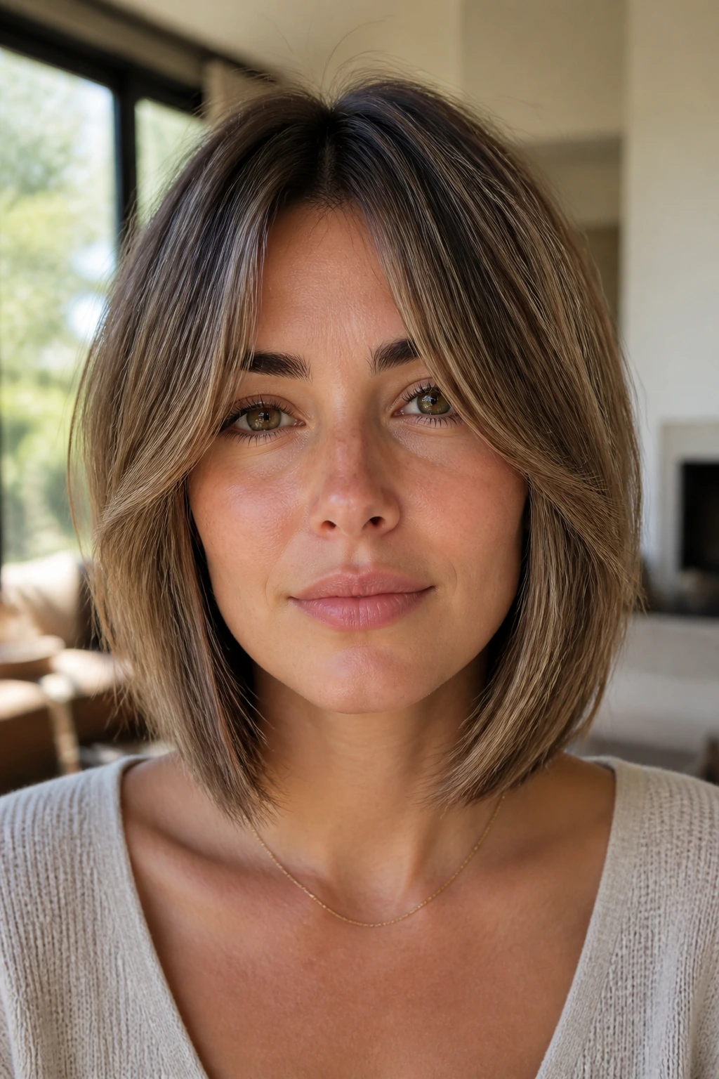 Portrait of a real woman with curtain bangs and a soft chin-length bob in a bright room.