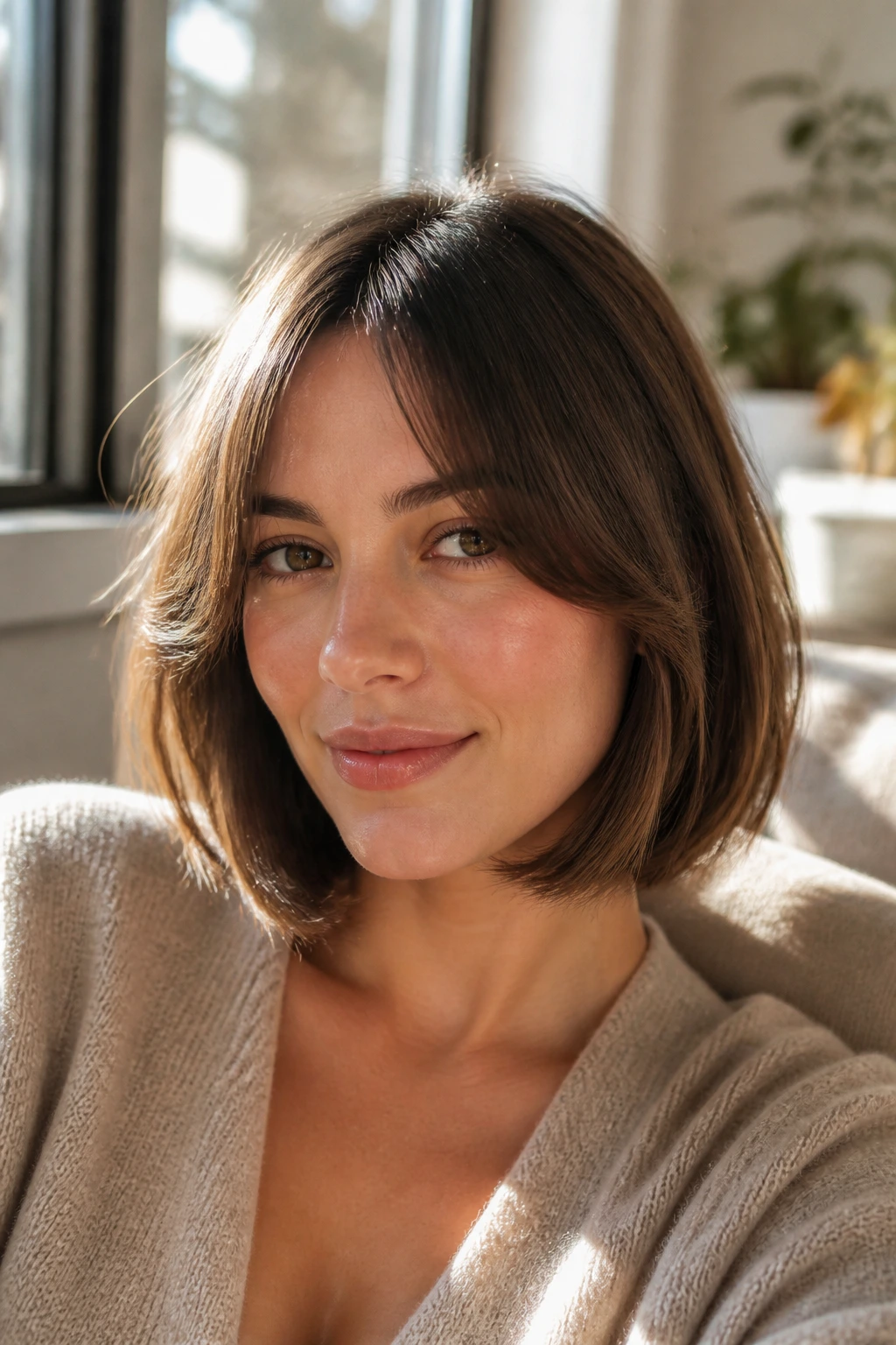 Close-up portrait of a real woman with curtain bangs and a bob in warm window light