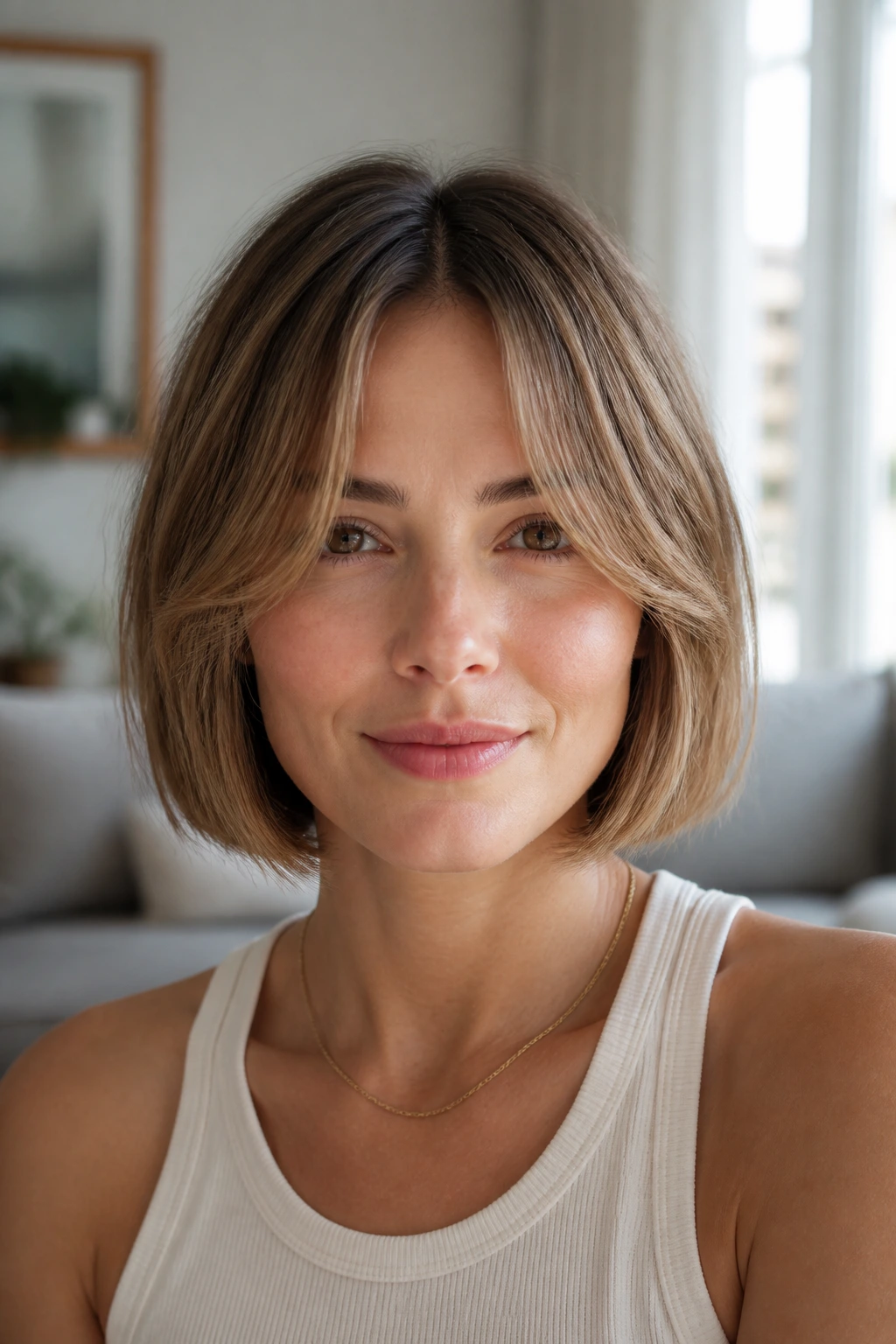Portrait of a real woman with curtain bangs bob and soft middle part.