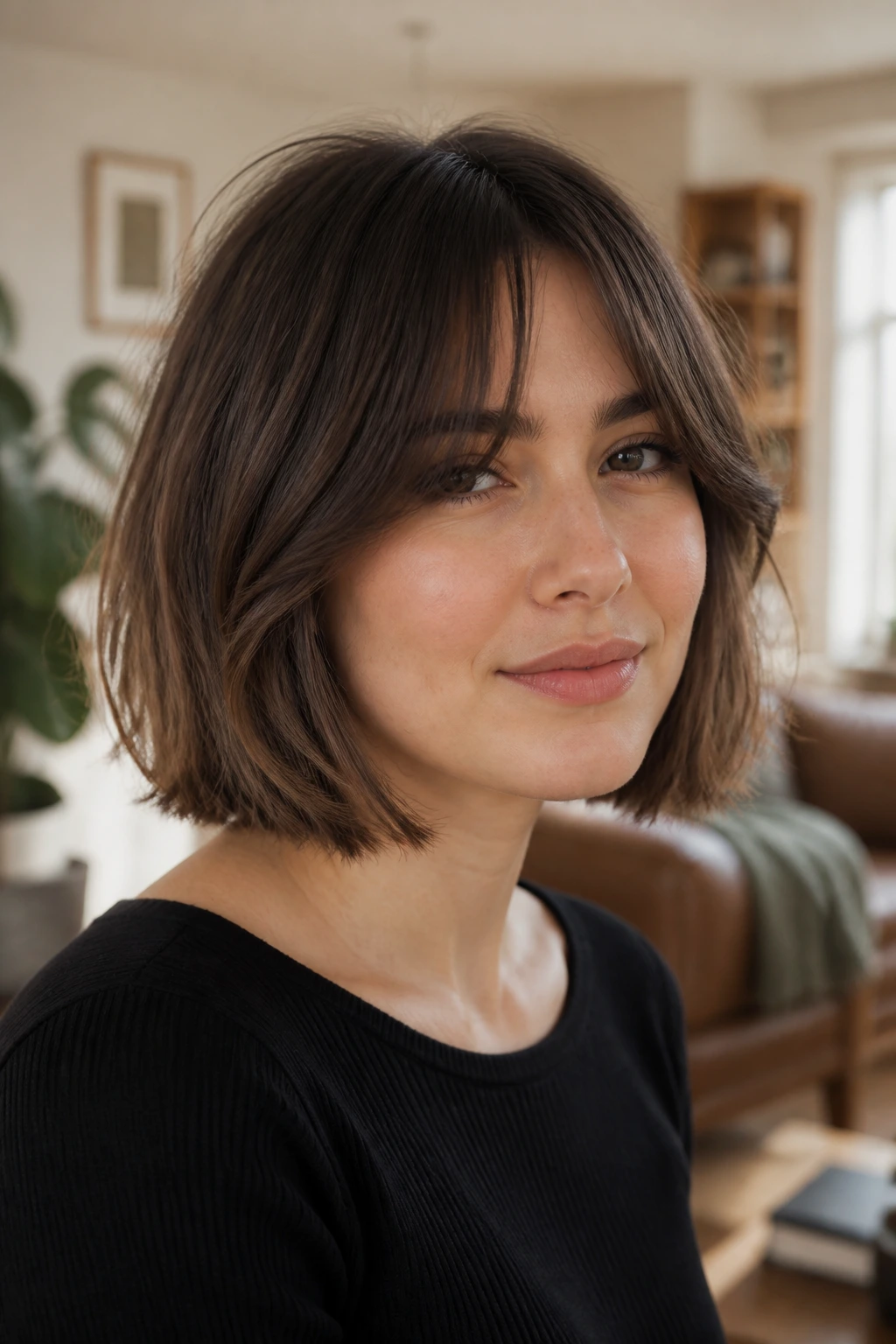 Three-quarter portrait of a real woman with curtain bangs and a mid-length bob.