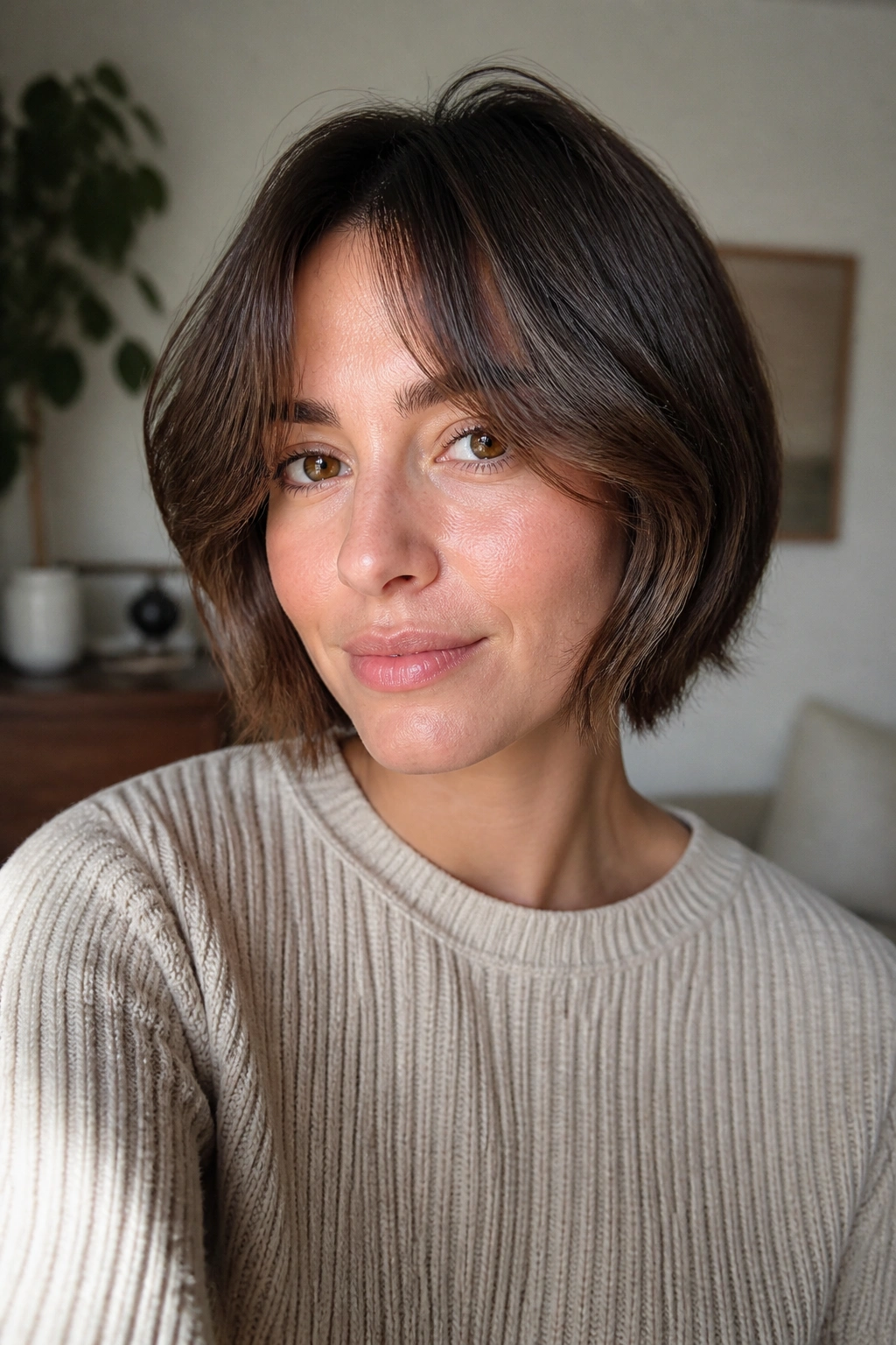 Portrait of a woman with curtain bangs and chin-grazing bob in soft living room light
