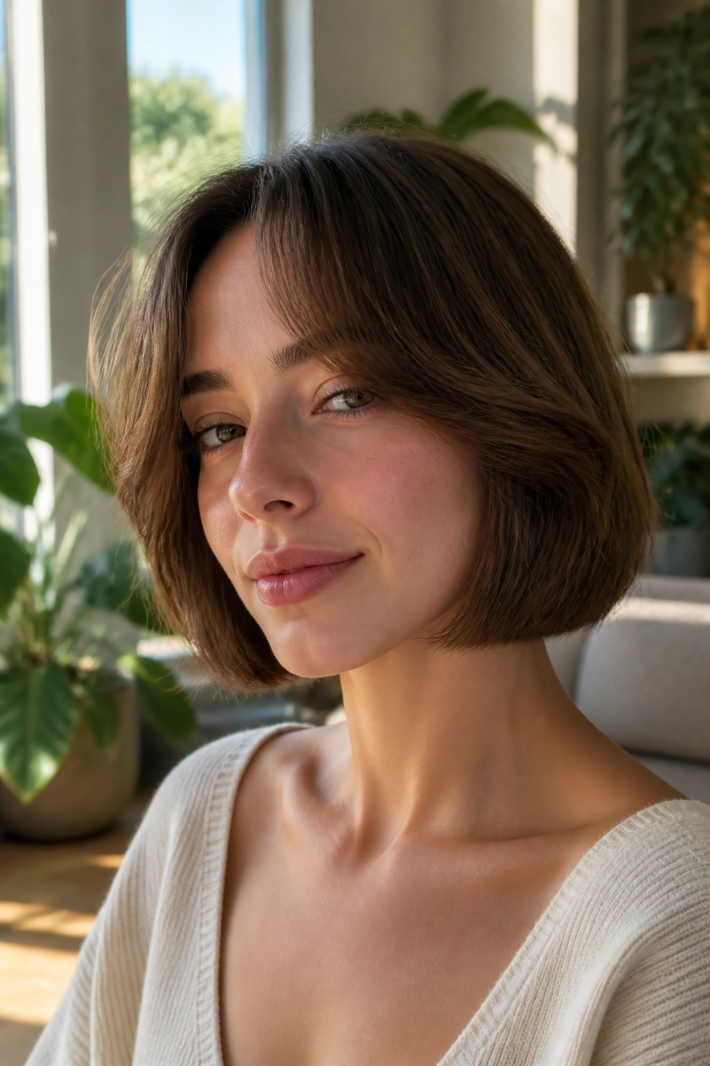 Real person with curtain bangs bob in natural light