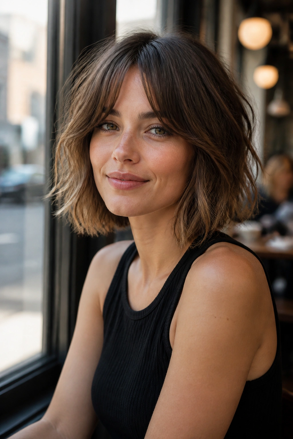 Real woman with curtain bangs and messy bob in warm natural light