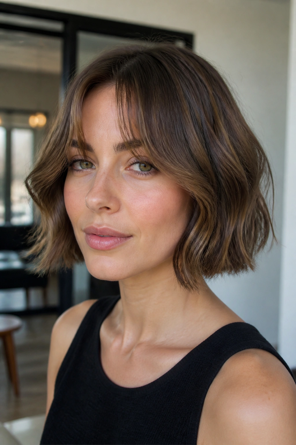 Close-up of a woman with curtain bangs in a bob in soft light