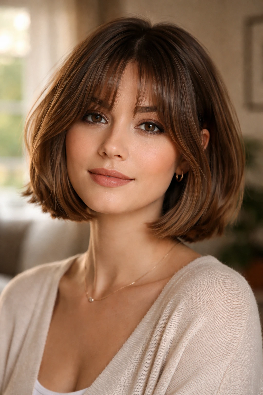 Close-up of a real woman with curtain bangs and chin-length bob in warm window light
