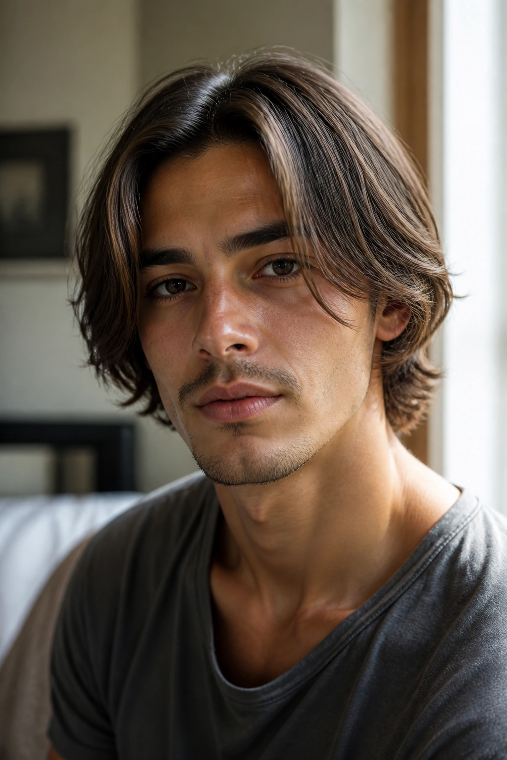 Close-up portrait of a real man with a bob and curtain bangs