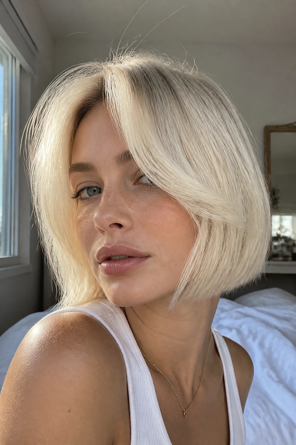 Portrait of real woman with curtain bangs bob in platinum.