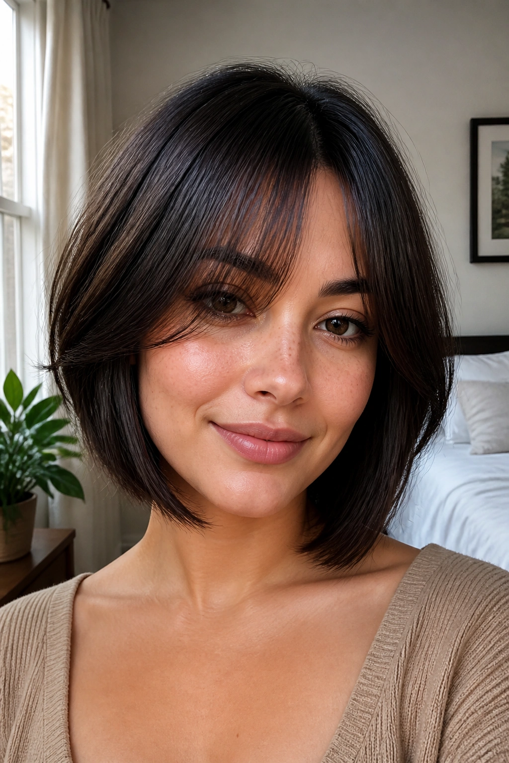 Close-up portrait of a real woman with curtain bang bob on a round face