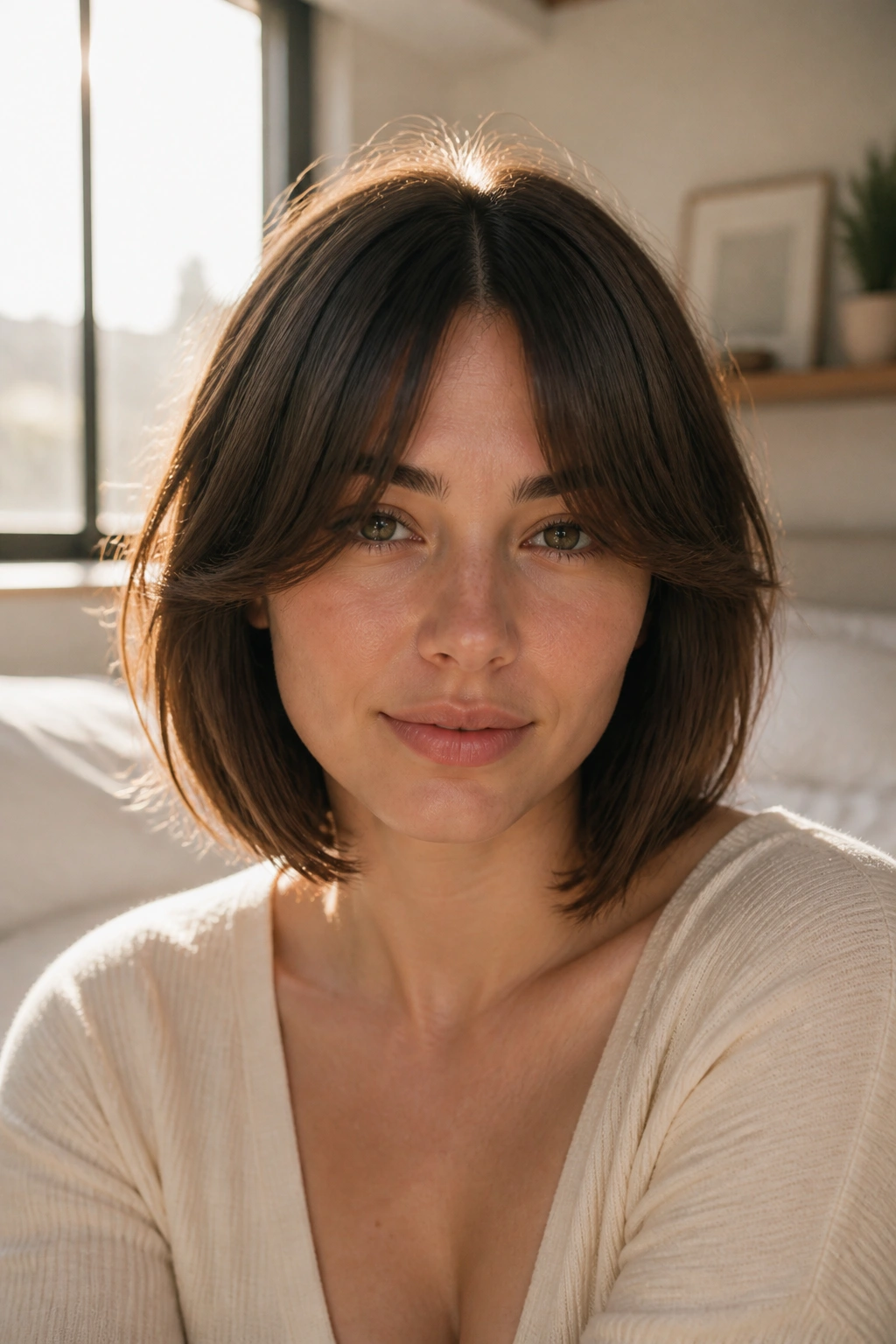 Close-up of curtain bang bob hairstyle on a real person in a sunlit bedroom