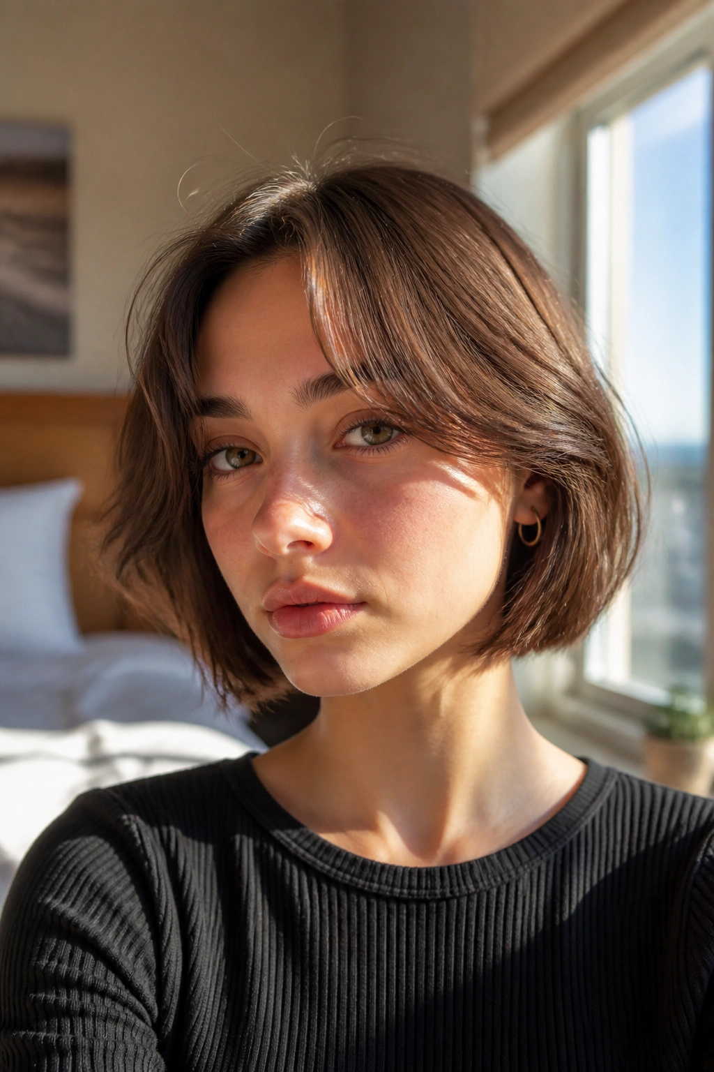 Close-up of a girl with curtain bangs bob