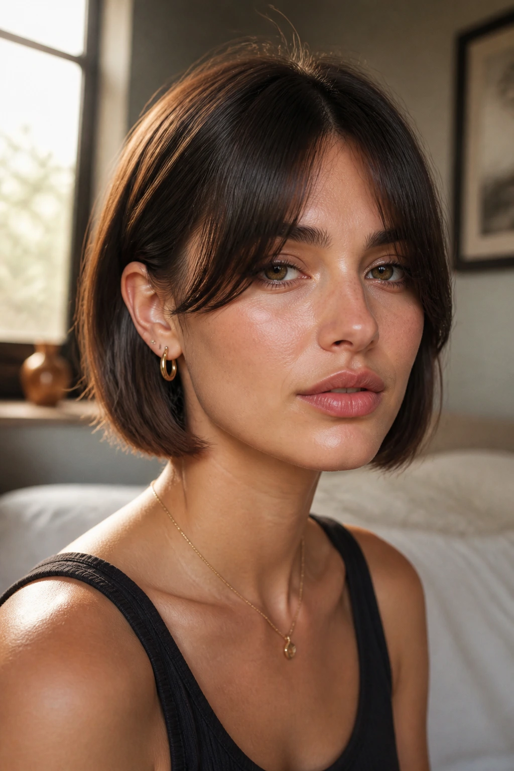 Close-up portrait of a real woman with curtain bangs and jaw length French bob in warm window light