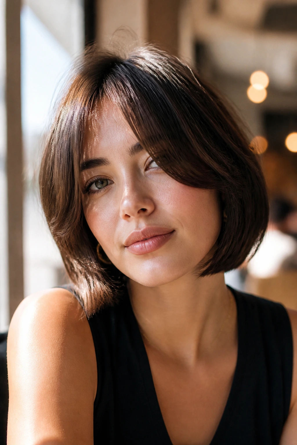 Close-up of a real woman with curtain bangs bob in a sunlit cafe