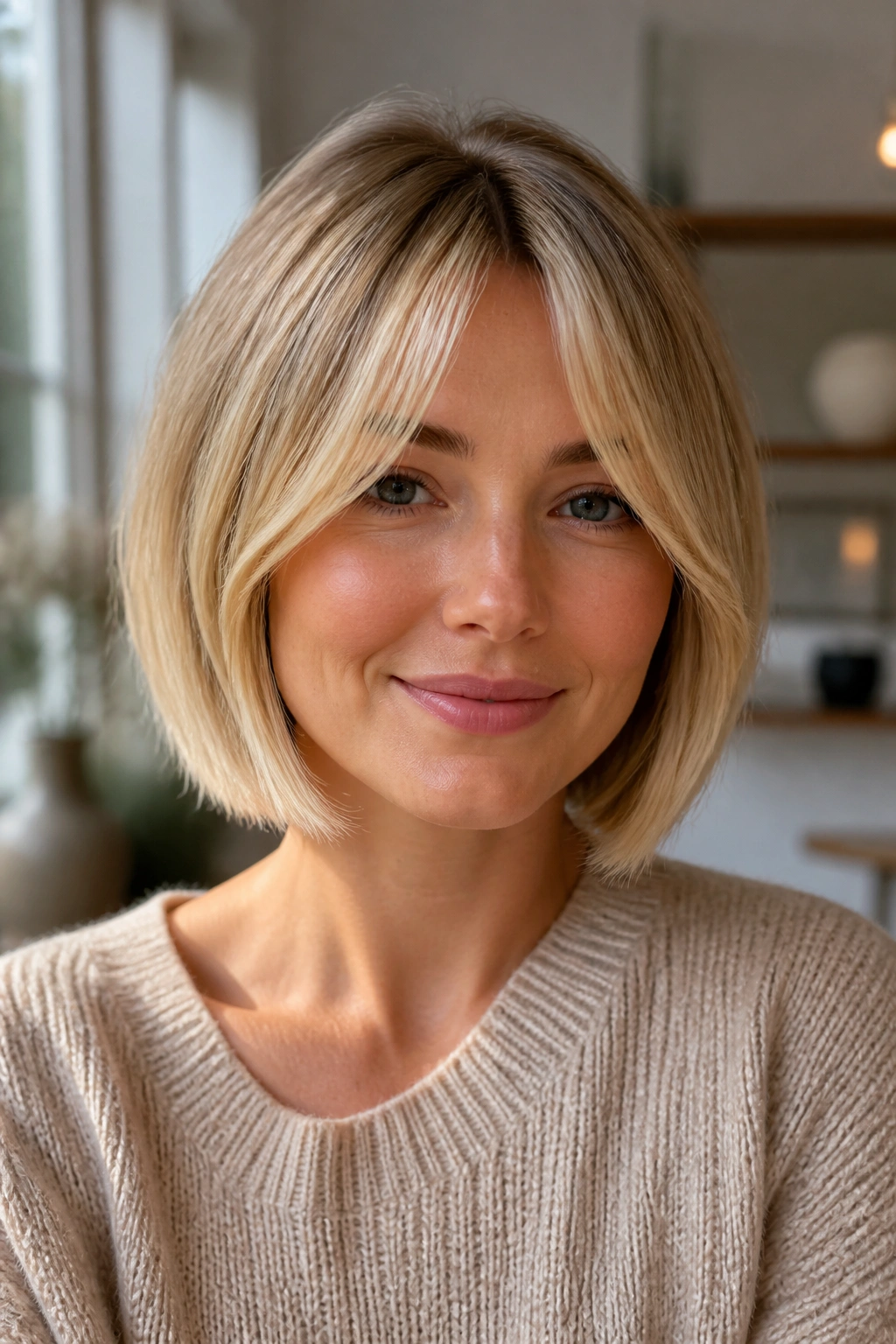 Close-up of a real woman with curtain bangs and soft ends