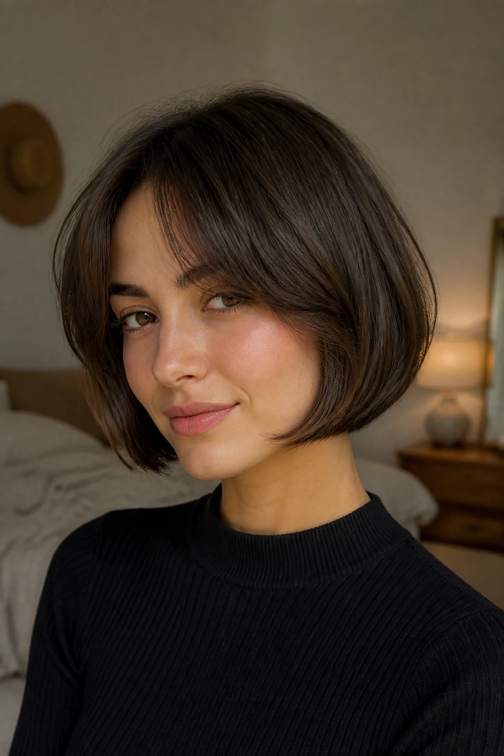 Close-up portrait of a woman with curtain bangs and a bob hairstyle