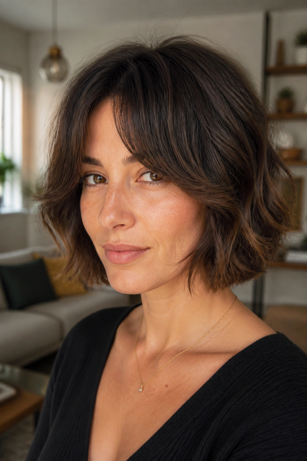 Close-up portrait of a real woman with curtain bangs integrated into a bob for wavy hair.