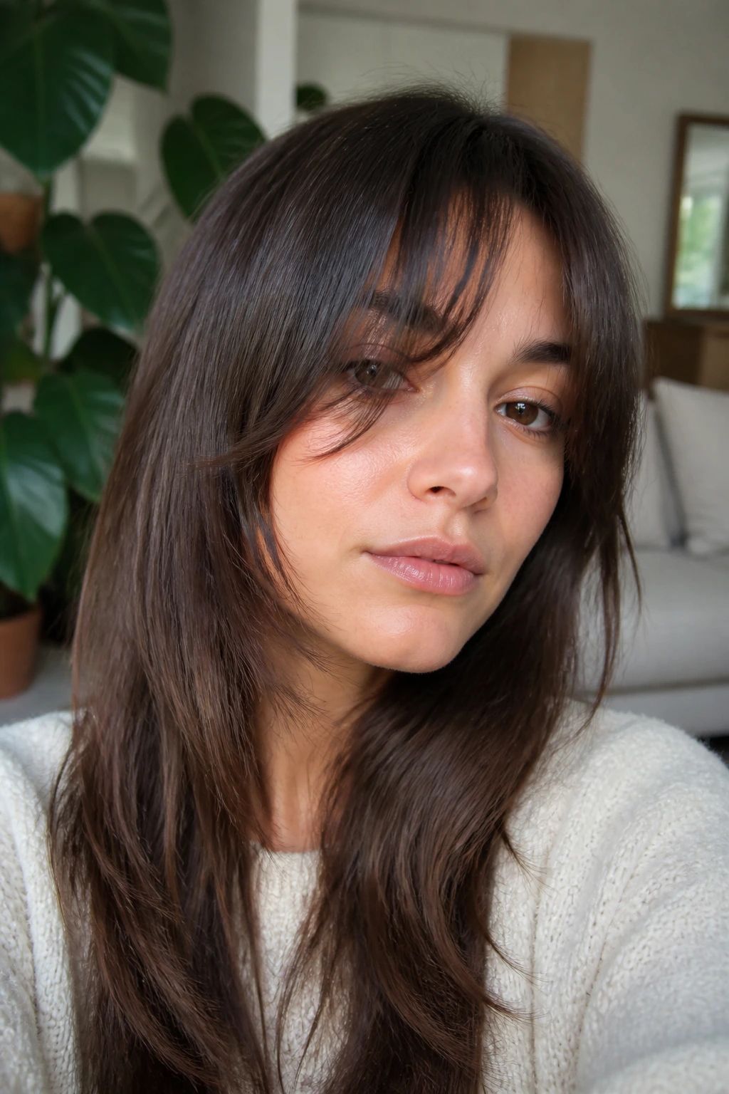 Close-up of a real woman with curtain bangs and broken ends in a cozy living room