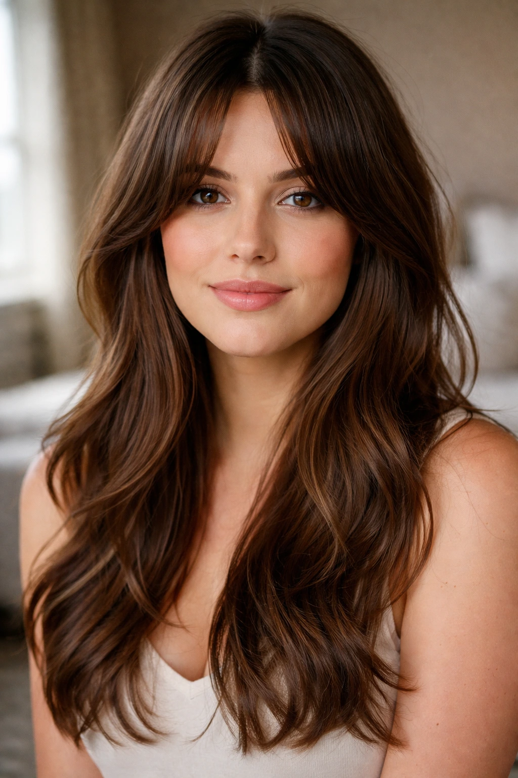 Close-up portrait of a woman with curtain bangs opening the face in warm window light