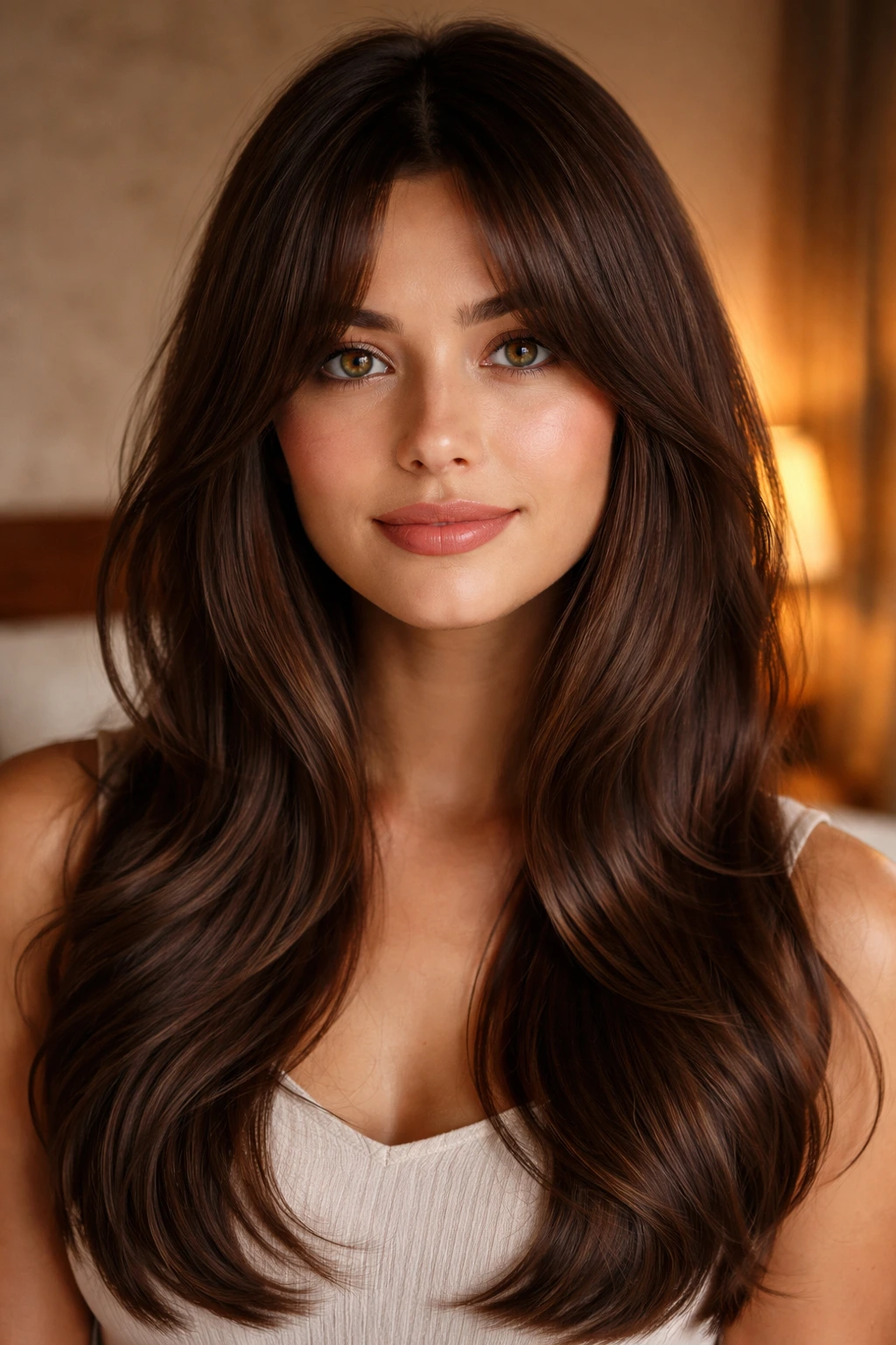 Close-up of a real woman with long curtain bangs swept to the sides