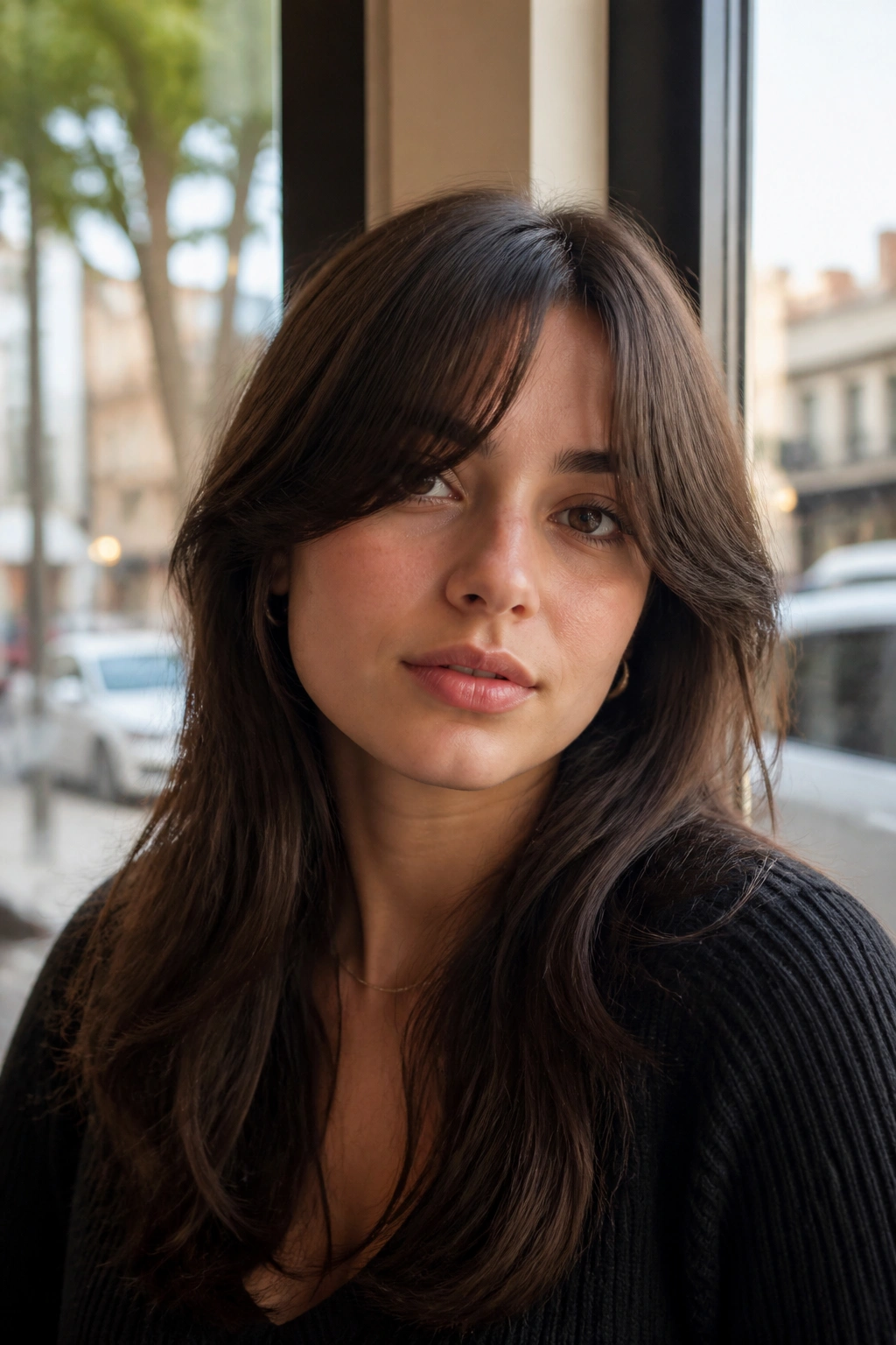 Close-up of a real brunette with curtain bangs and soft floating length by a cafe window