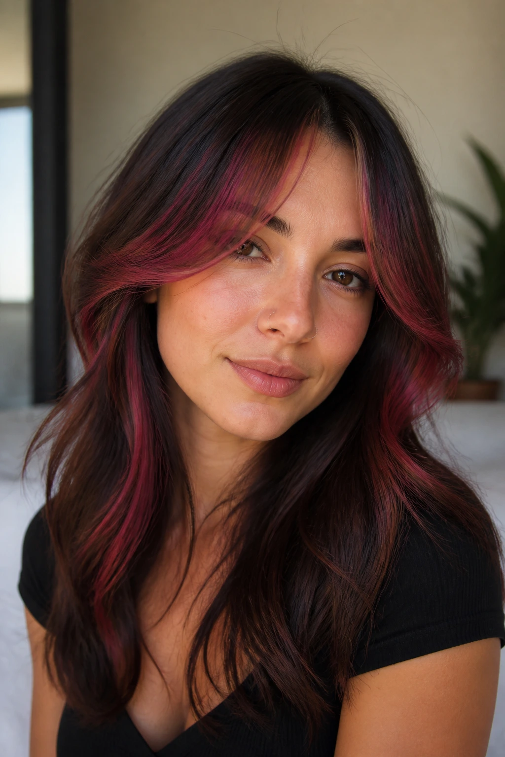 Portrait of a woman with burgundy pink curtain bangs