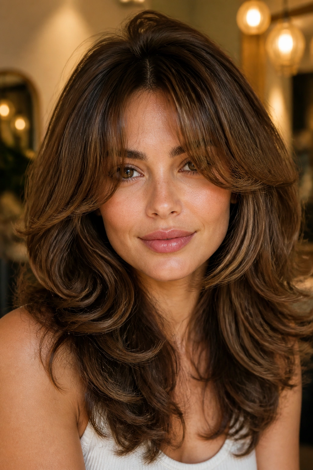 Close-up portrait of a real woman with curtain bangs and butterfly layers