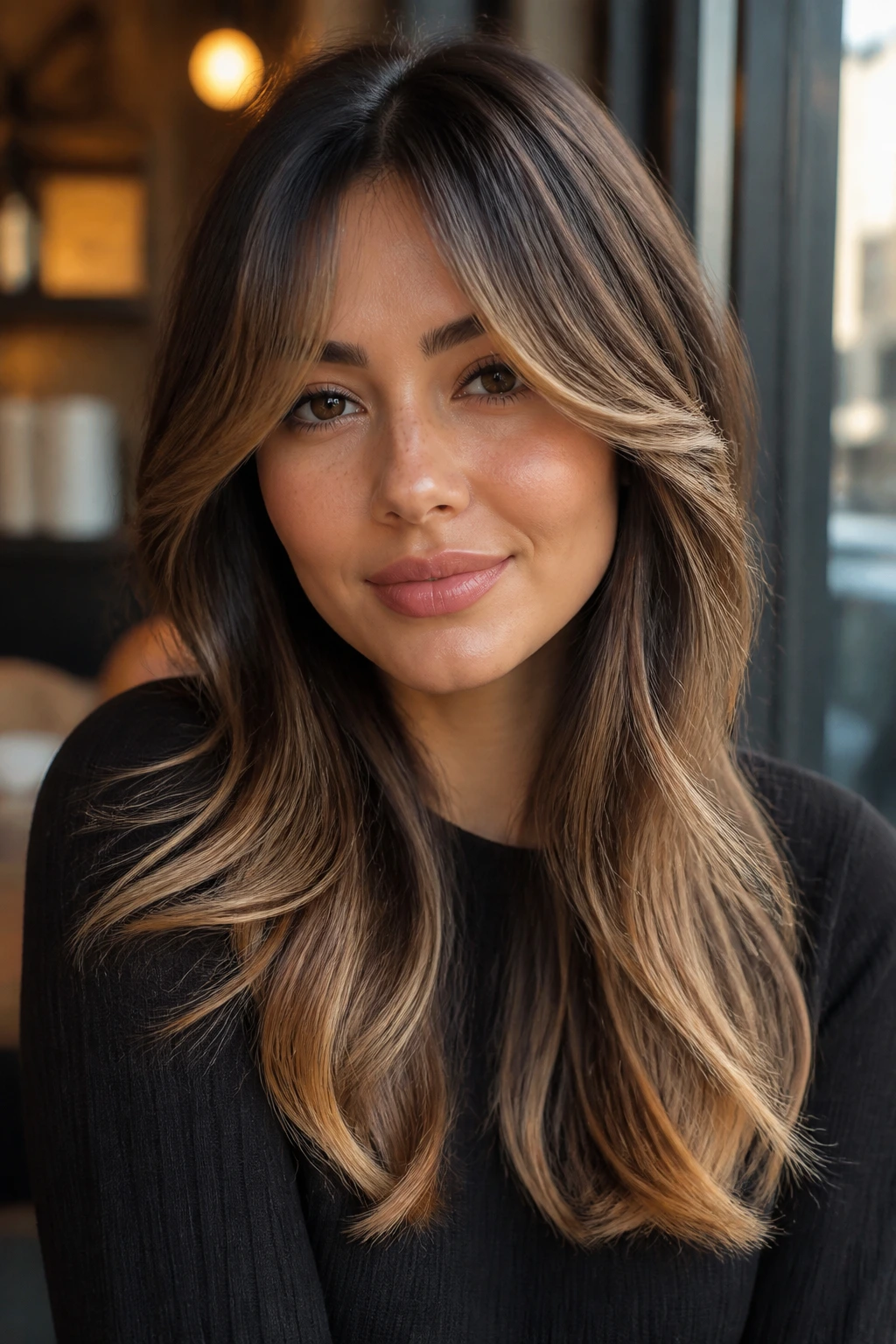 Close-up of curtain bangs with warm caramel sweep on a real woman