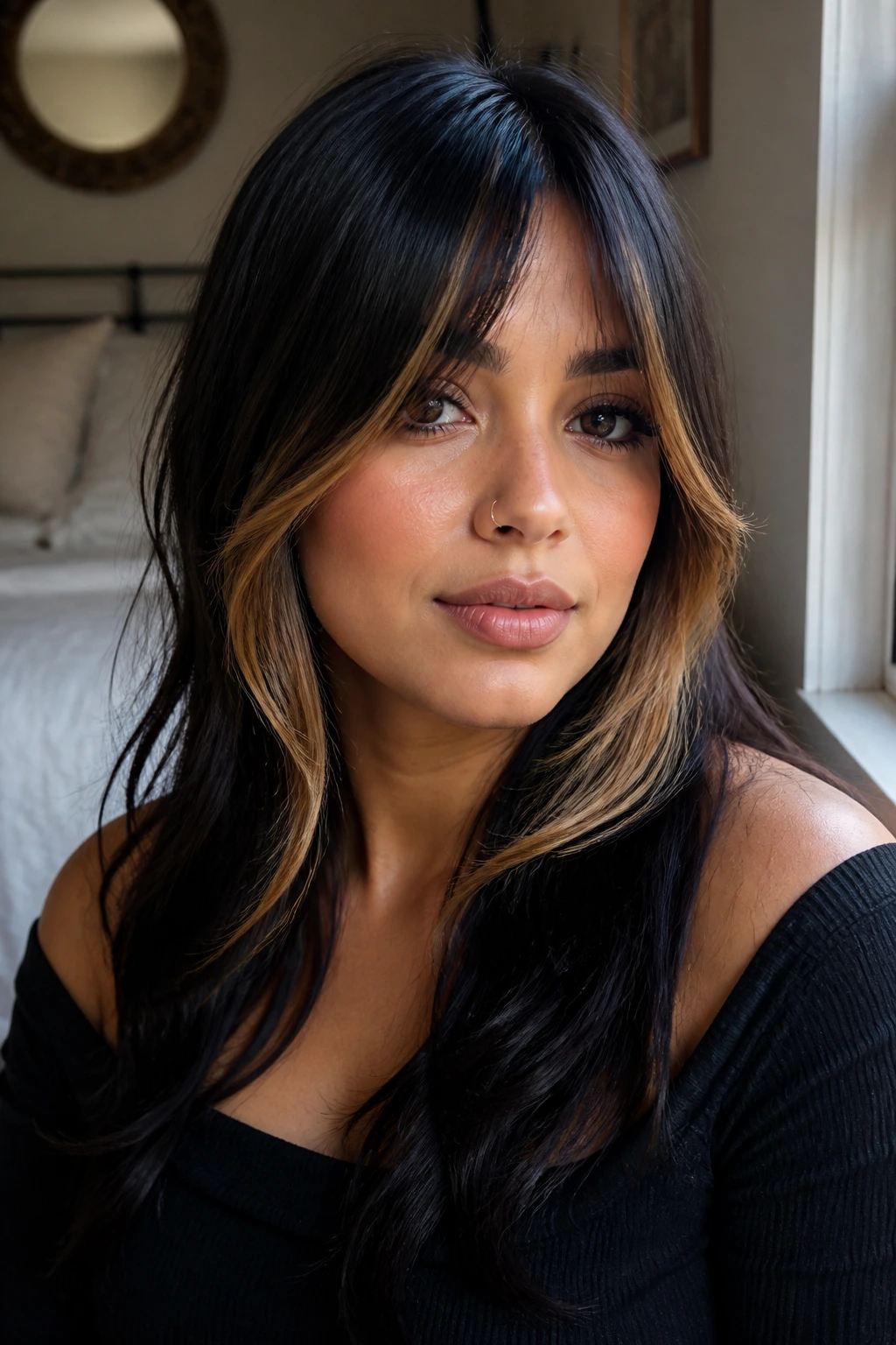 Close-up of a woman with black curtain bangs and caramel blonde face-framing slices in warm window light