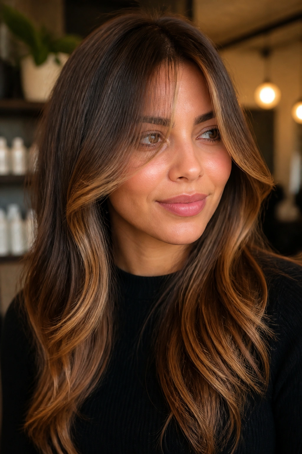 Curtain bangs with caramel ends framing the cheeks