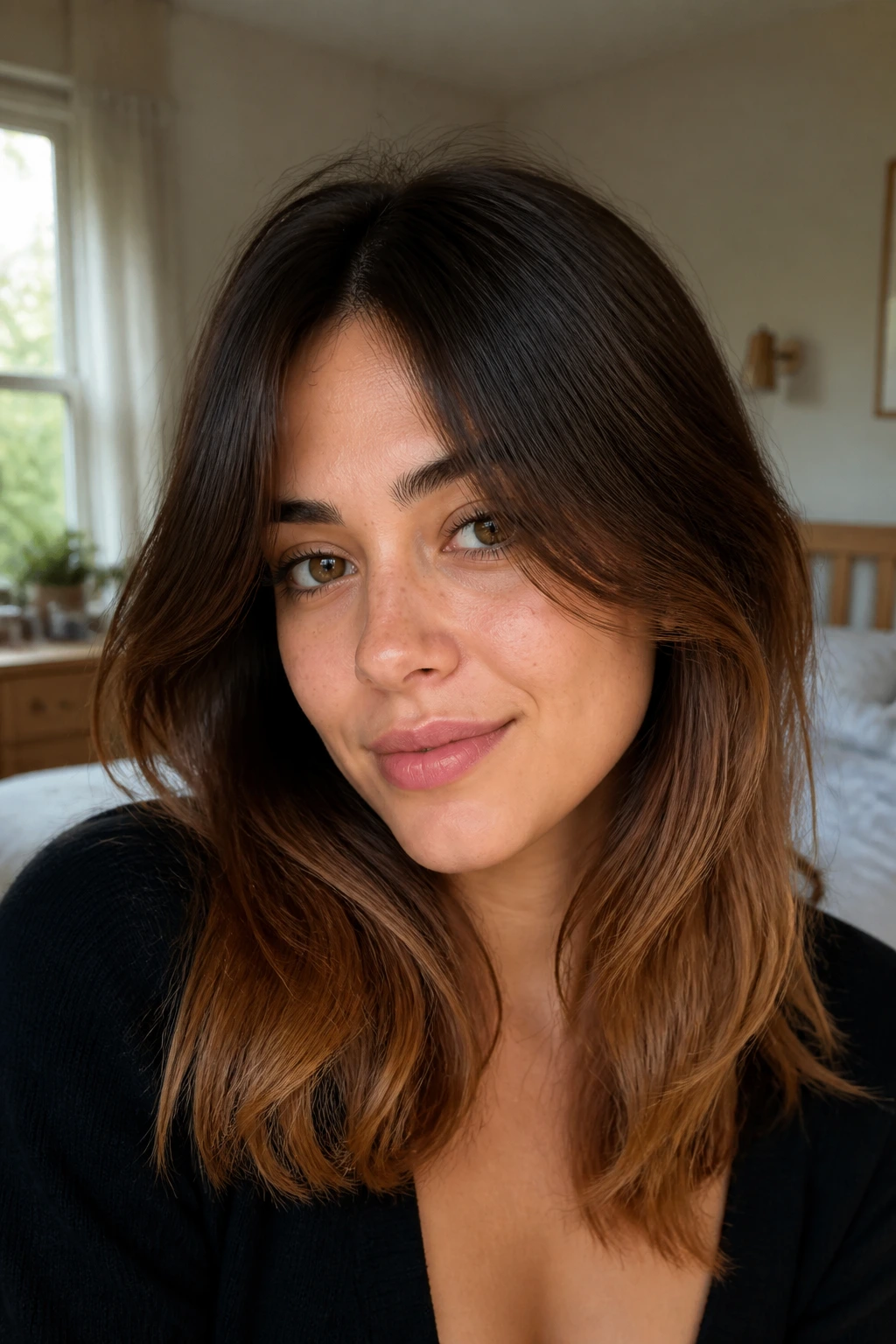 Close-up portrait of curtain bangs with caramel ends on a real person in a softly lit bedroom