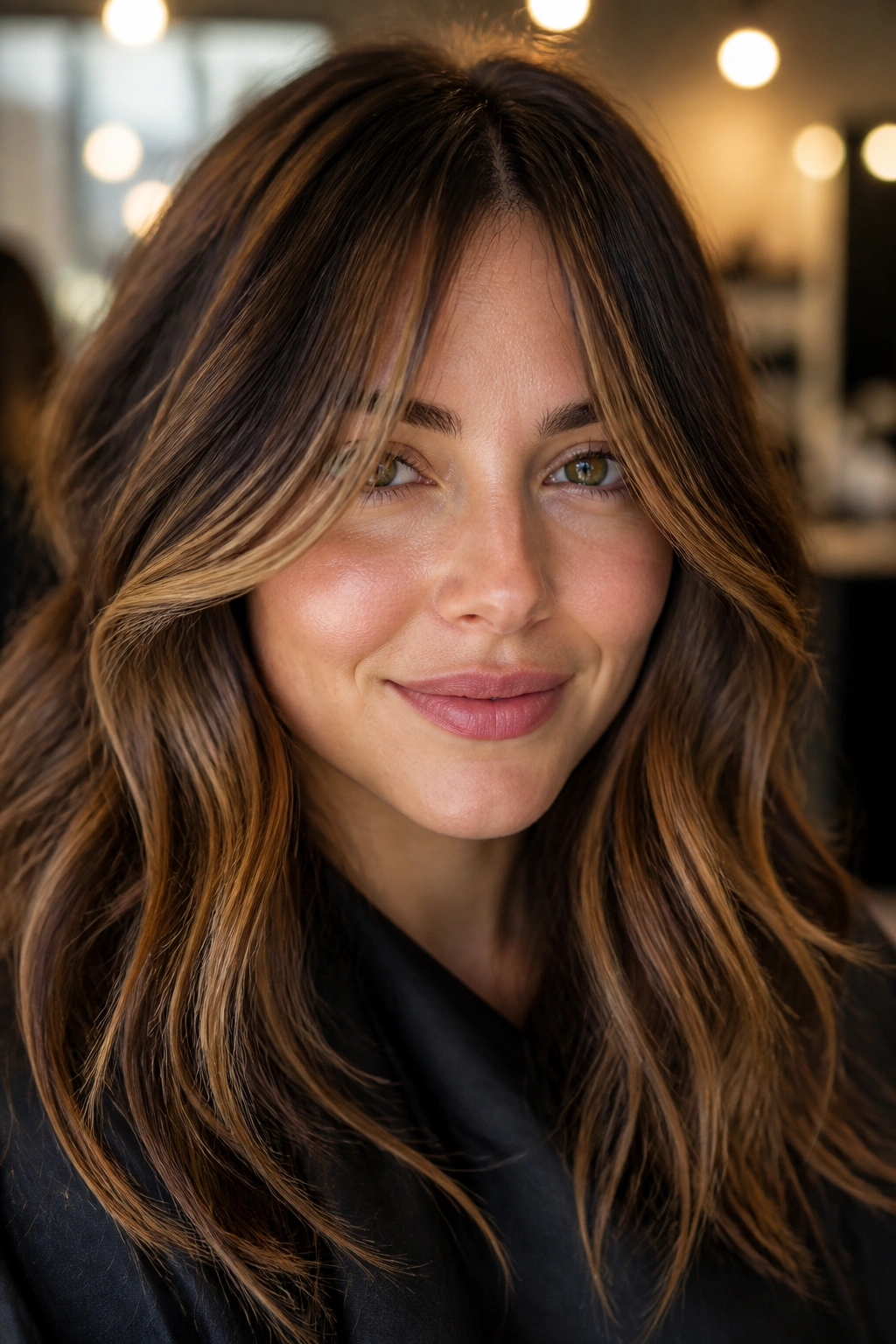 Close-up of a woman with curtain bangs and brown caramel highlights