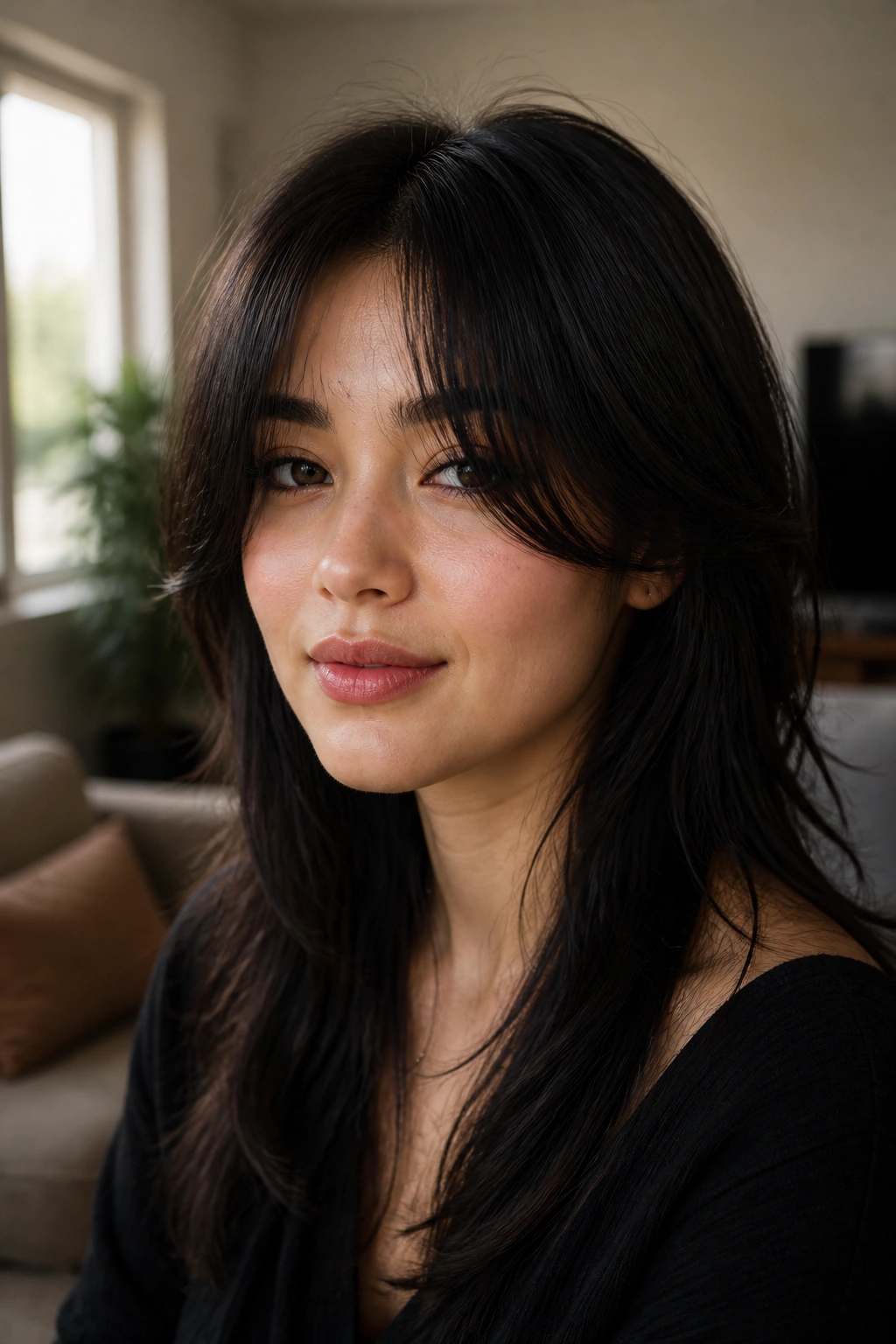 Close-up of a real woman with center-open curtain bangs on black hair