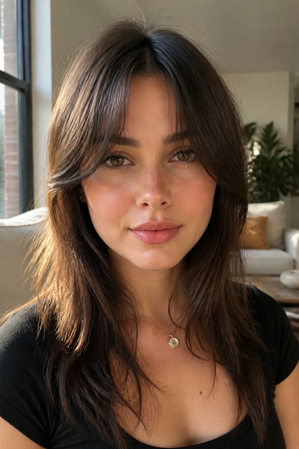 Close-up portrait of a real woman with curtain bangs opening at the center in a sunlit living room.