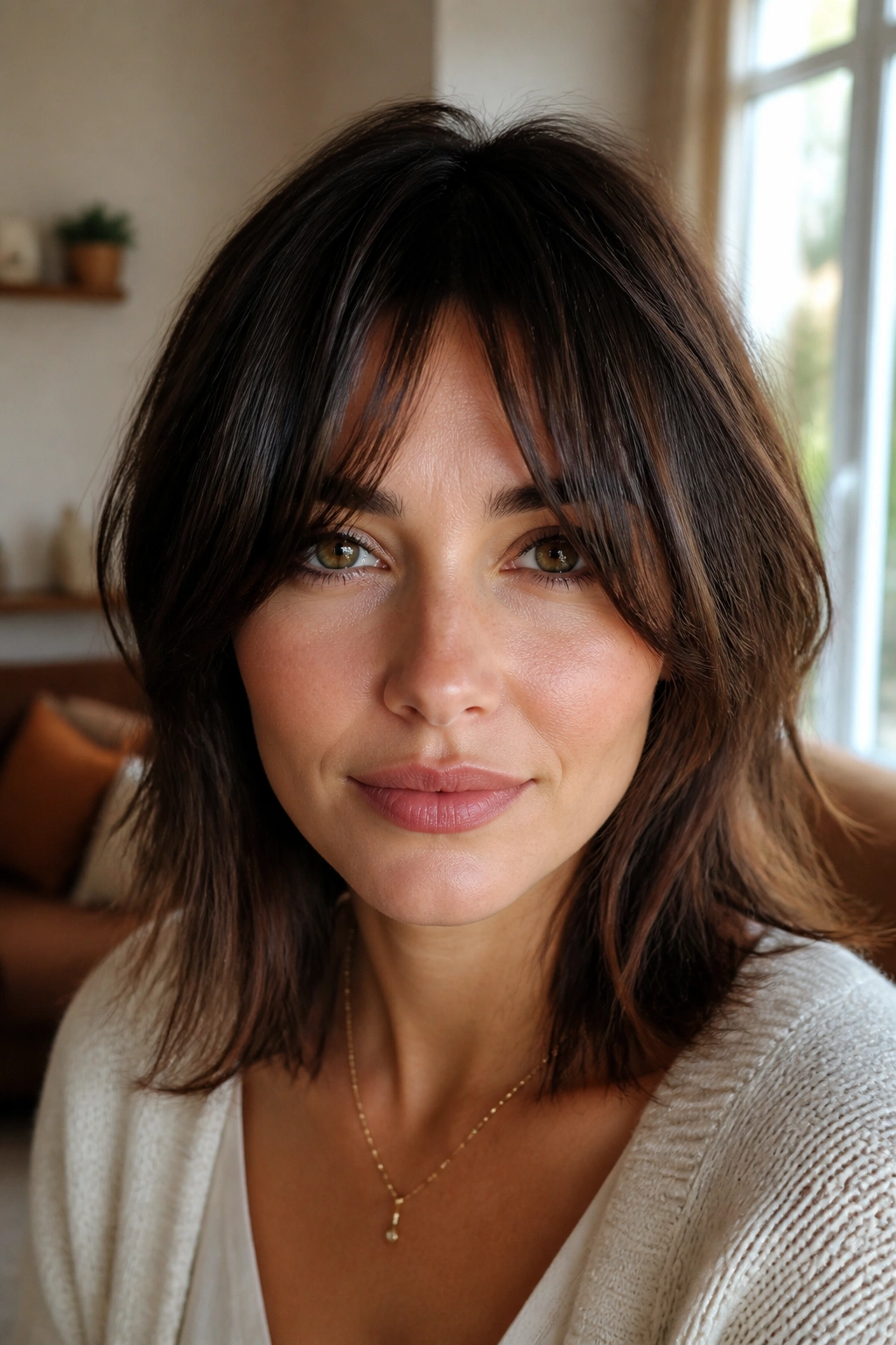 Close-up of a real woman with center-opening choppy curtain bangs emphasizing the eyes