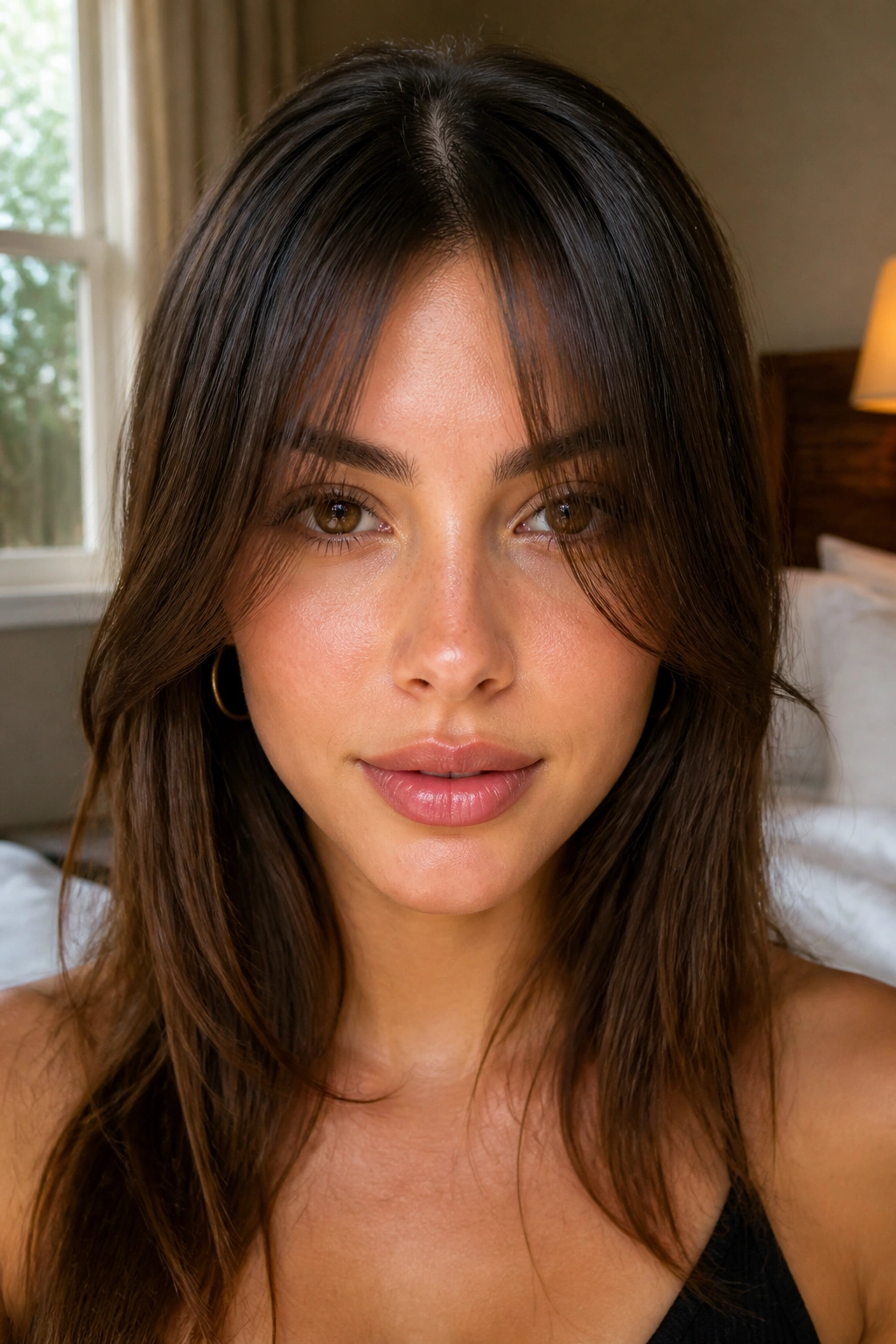 Close-up portrait of a real woman with curtain bangs split at the bridge of the nose