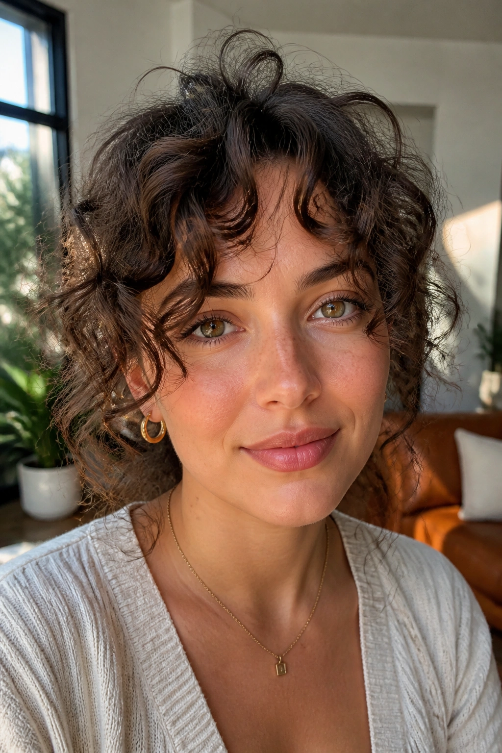 Close-up of a real woman with curly curtain bangs center split.