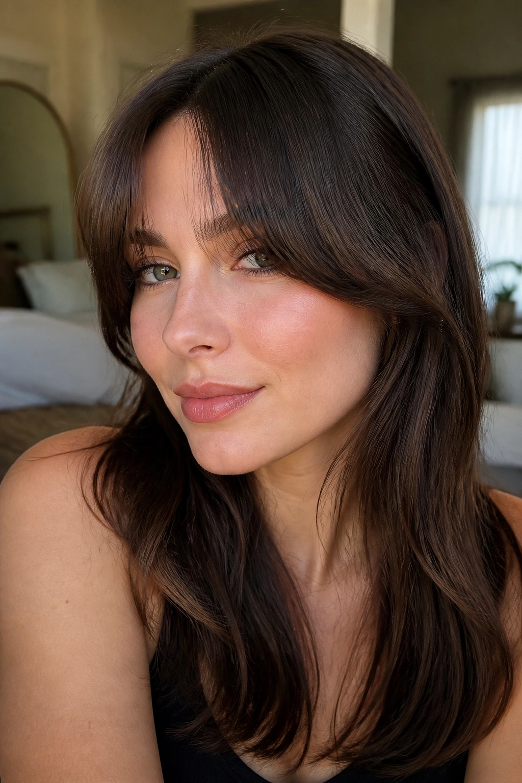 Close-up portrait of a real woman with soft curtain bangs sweeping toward the cheekbone.