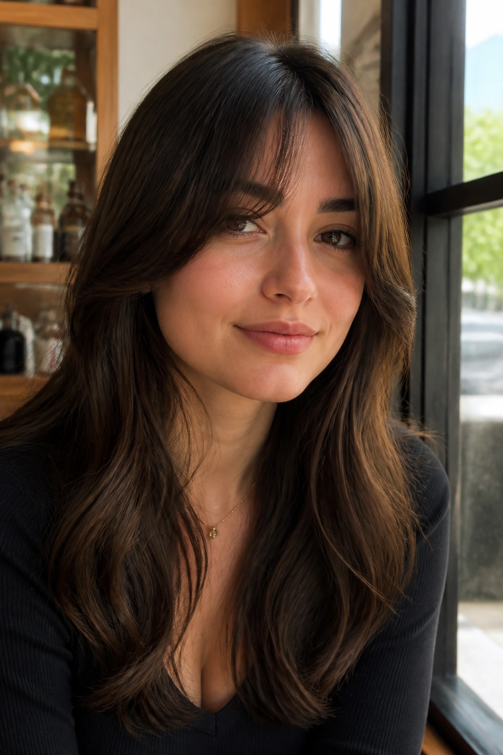Portrait of a woman with curtain bangs split at the cheekbones.