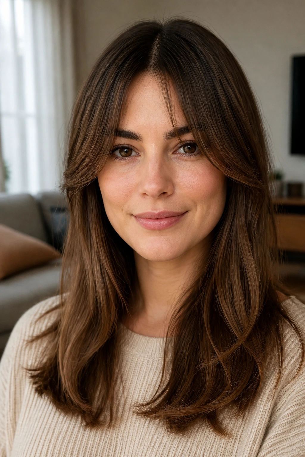 Close-up of a woman with curtain bangs brushing the cheekbones in warm daylight