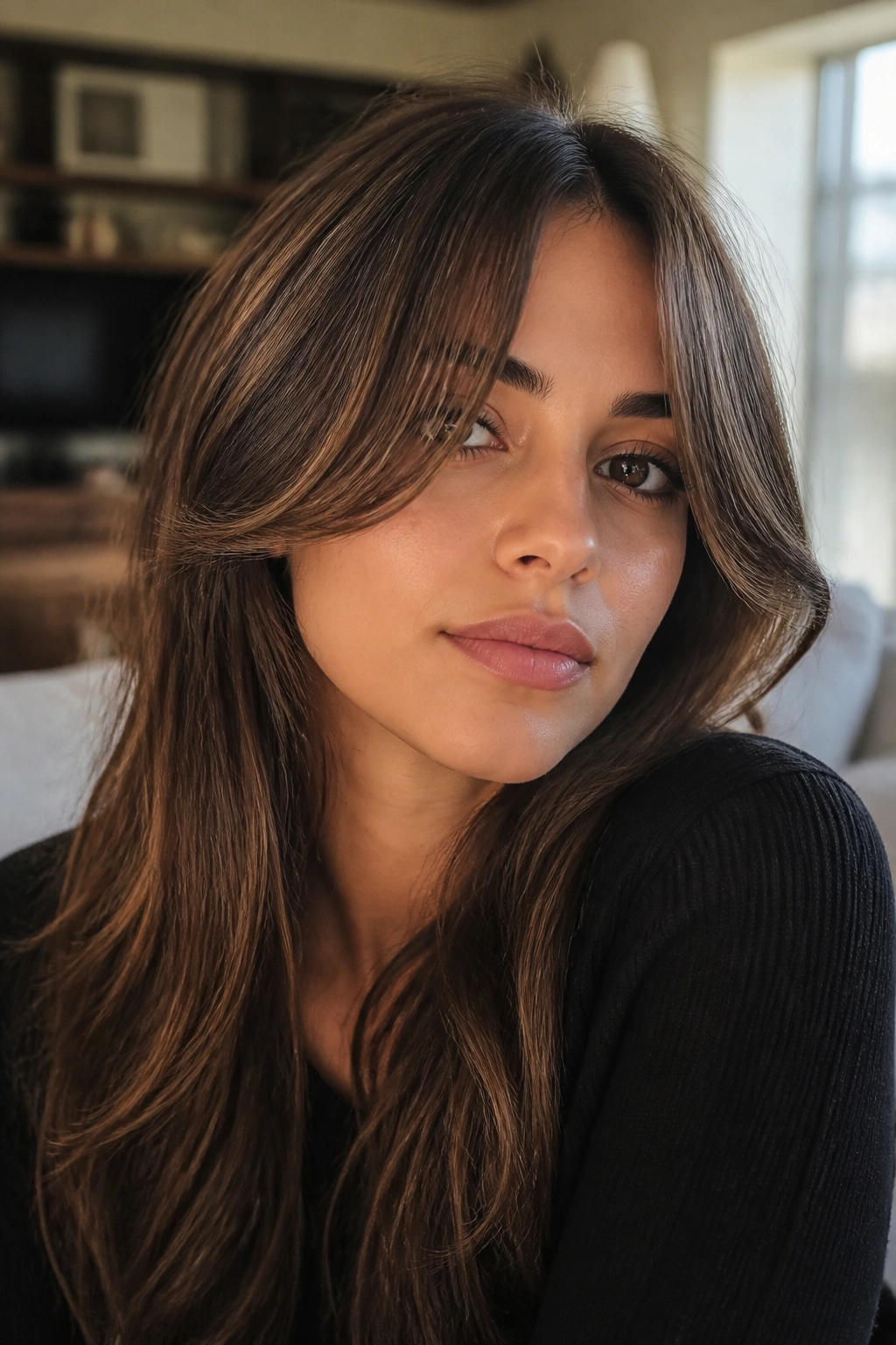 Close-up portrait of a real woman with long curtain bangs split at the cheekbones