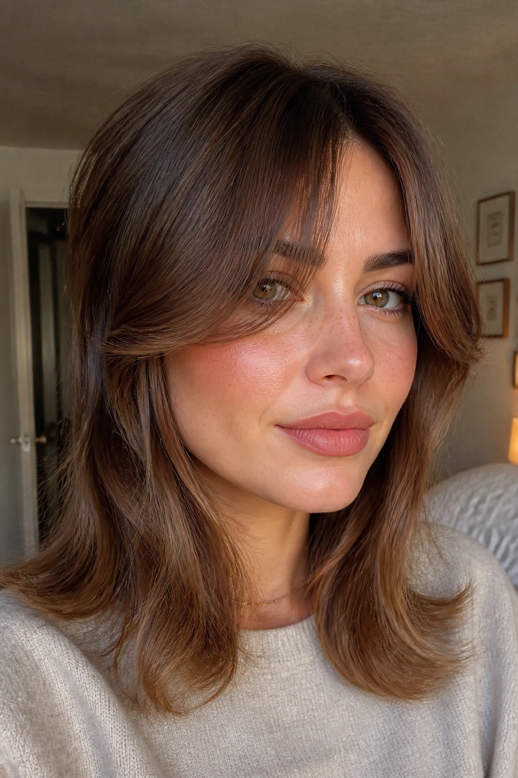 Close-up of a real woman with curtain bangs split at cheekbones in natural window light