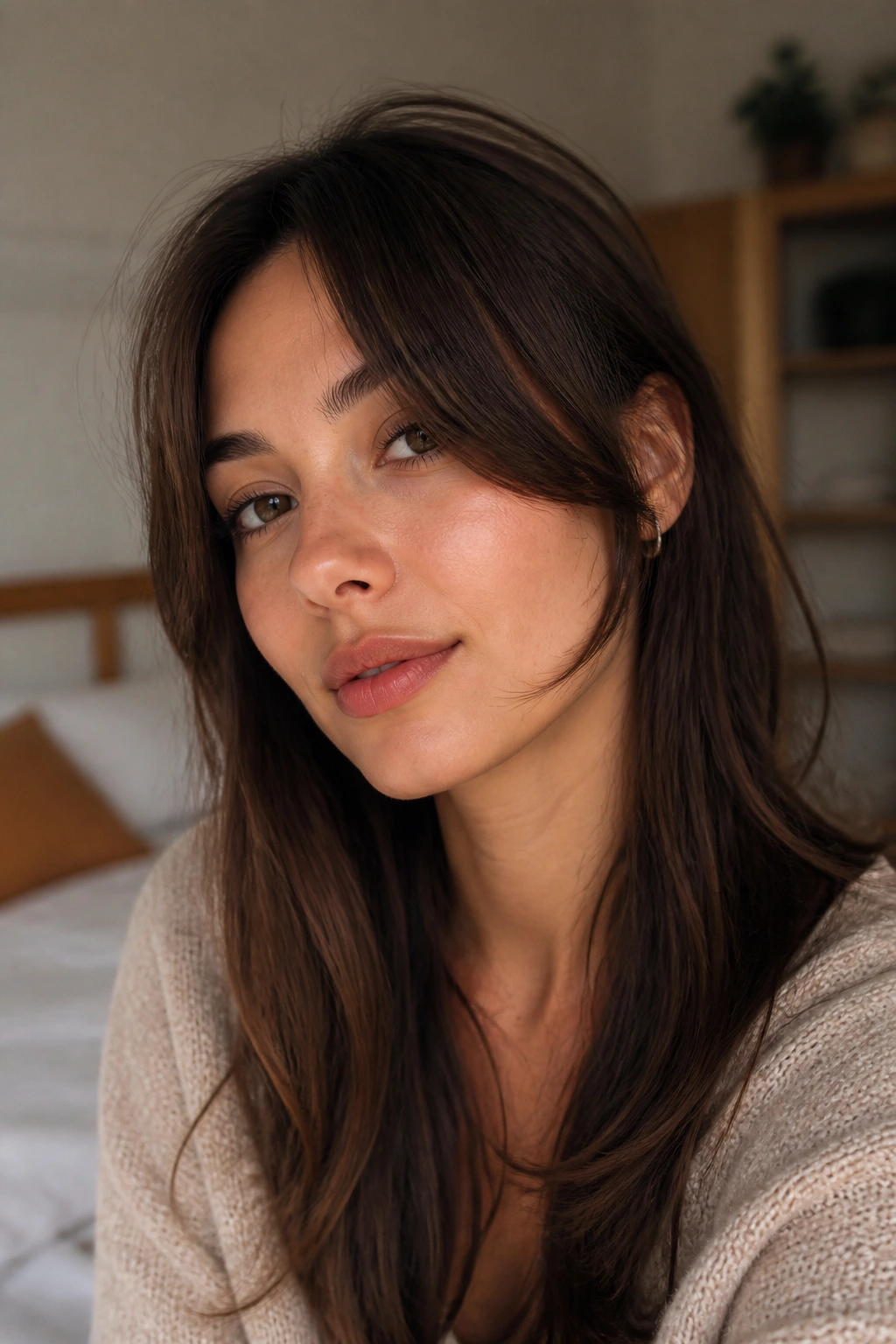 Close-up portrait of a real woman with long curtain half bangs skimming the cheekbones