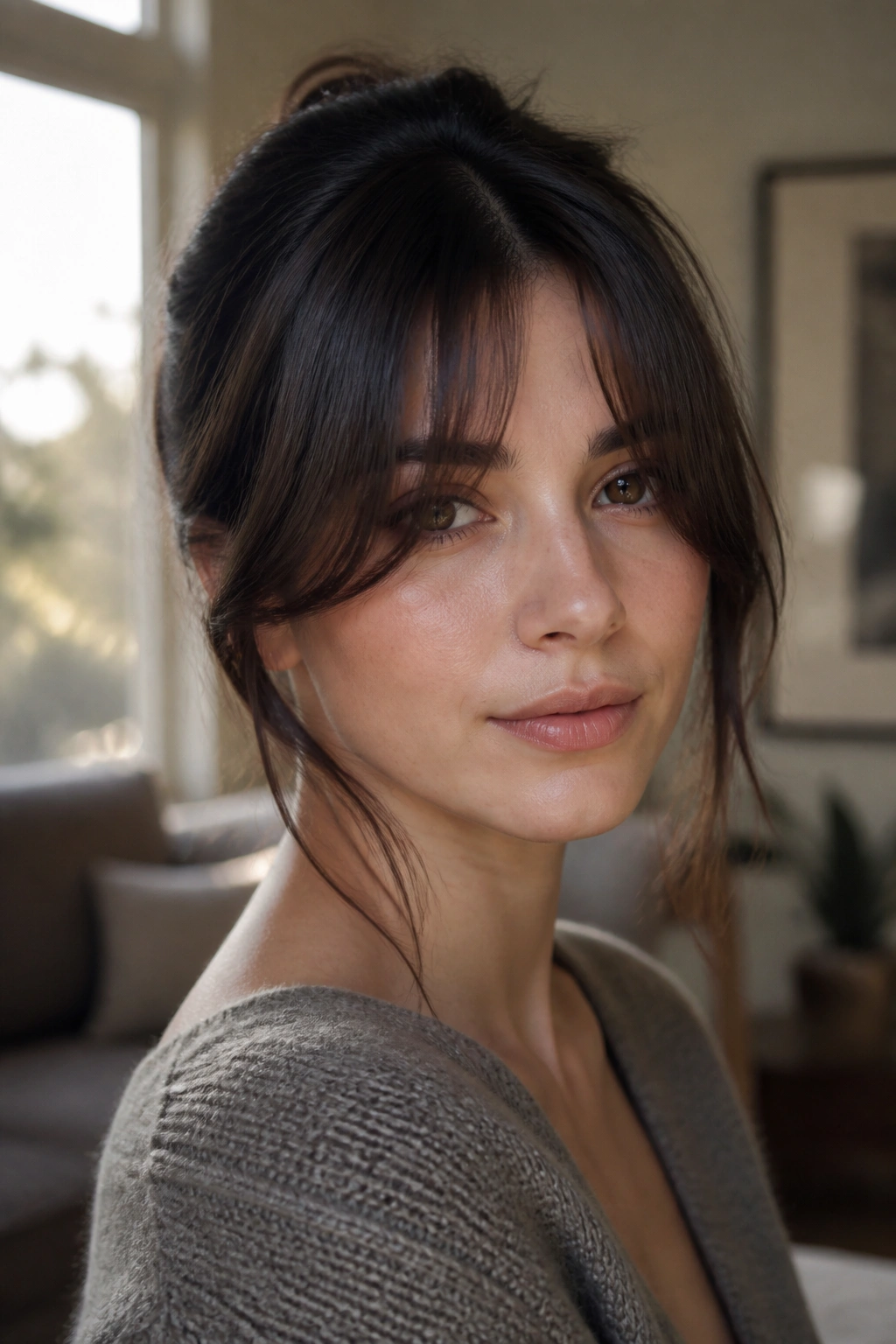 Portrait of a woman with curtain bangs grazing cheekbones