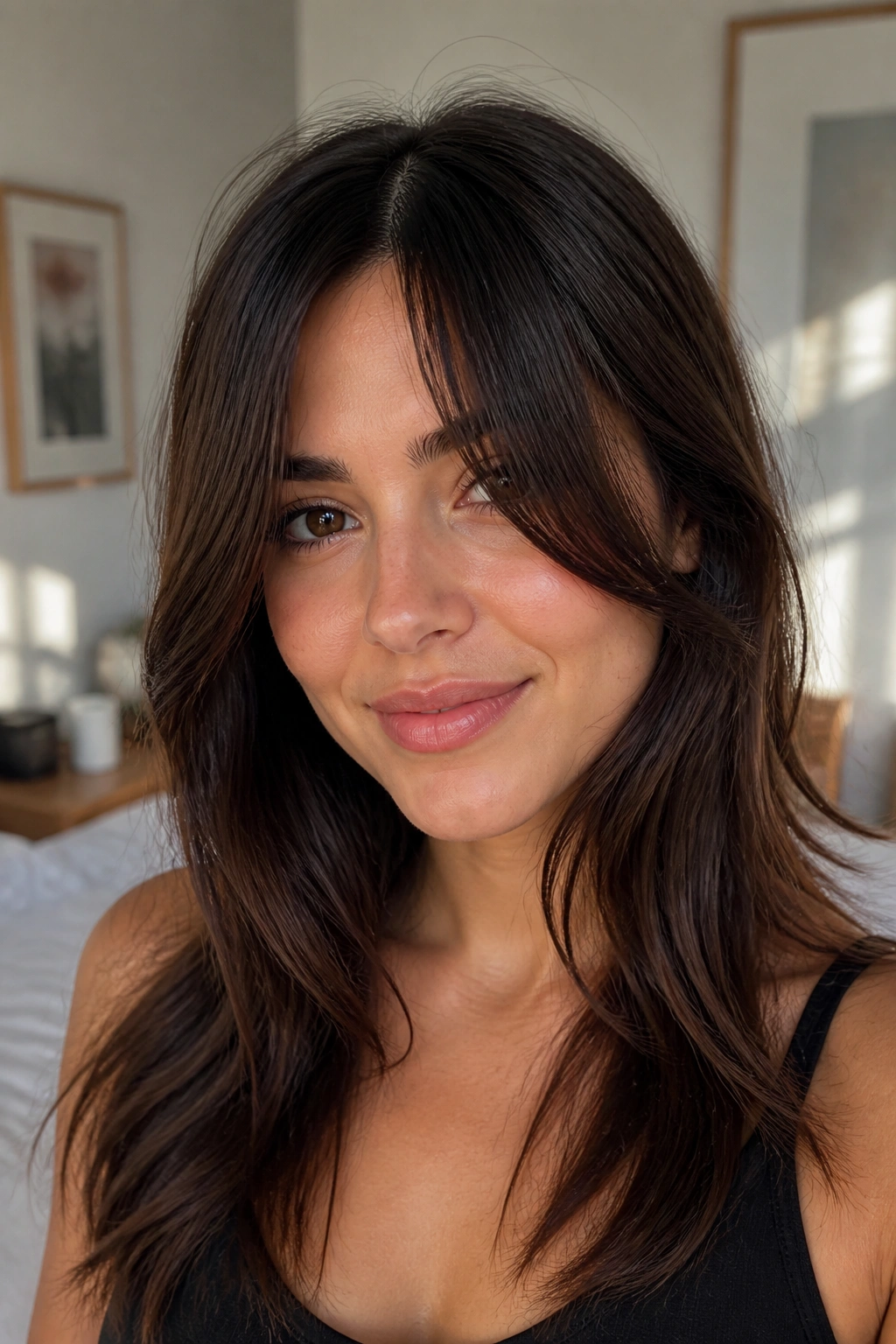 Close-up of a real woman with curtain bangs split at the cheekbones, soft diagonal fringe